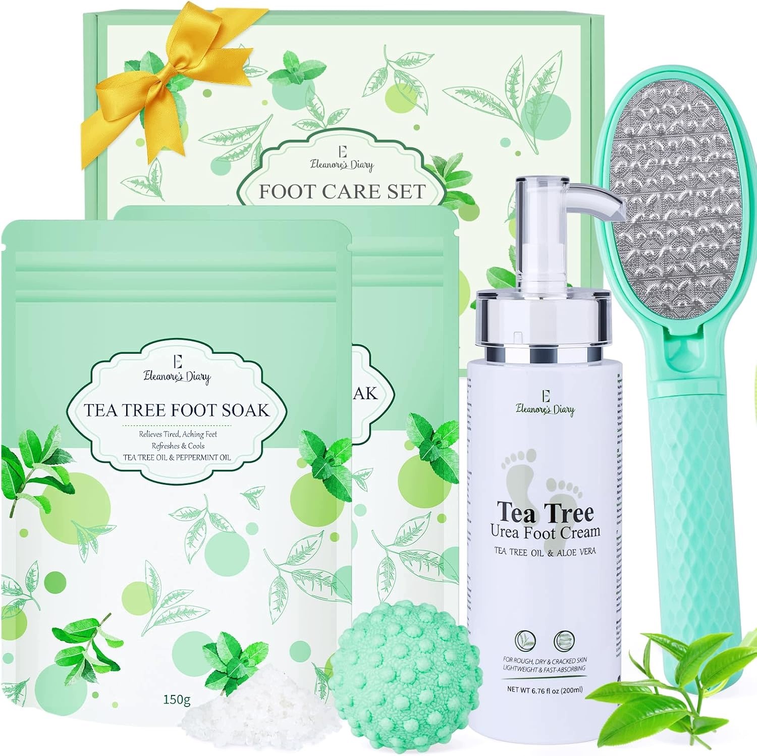 Sada pro péči o nohy 4v1 sůl Tea Tree 2x150 g krém 200 Ml pilník míč