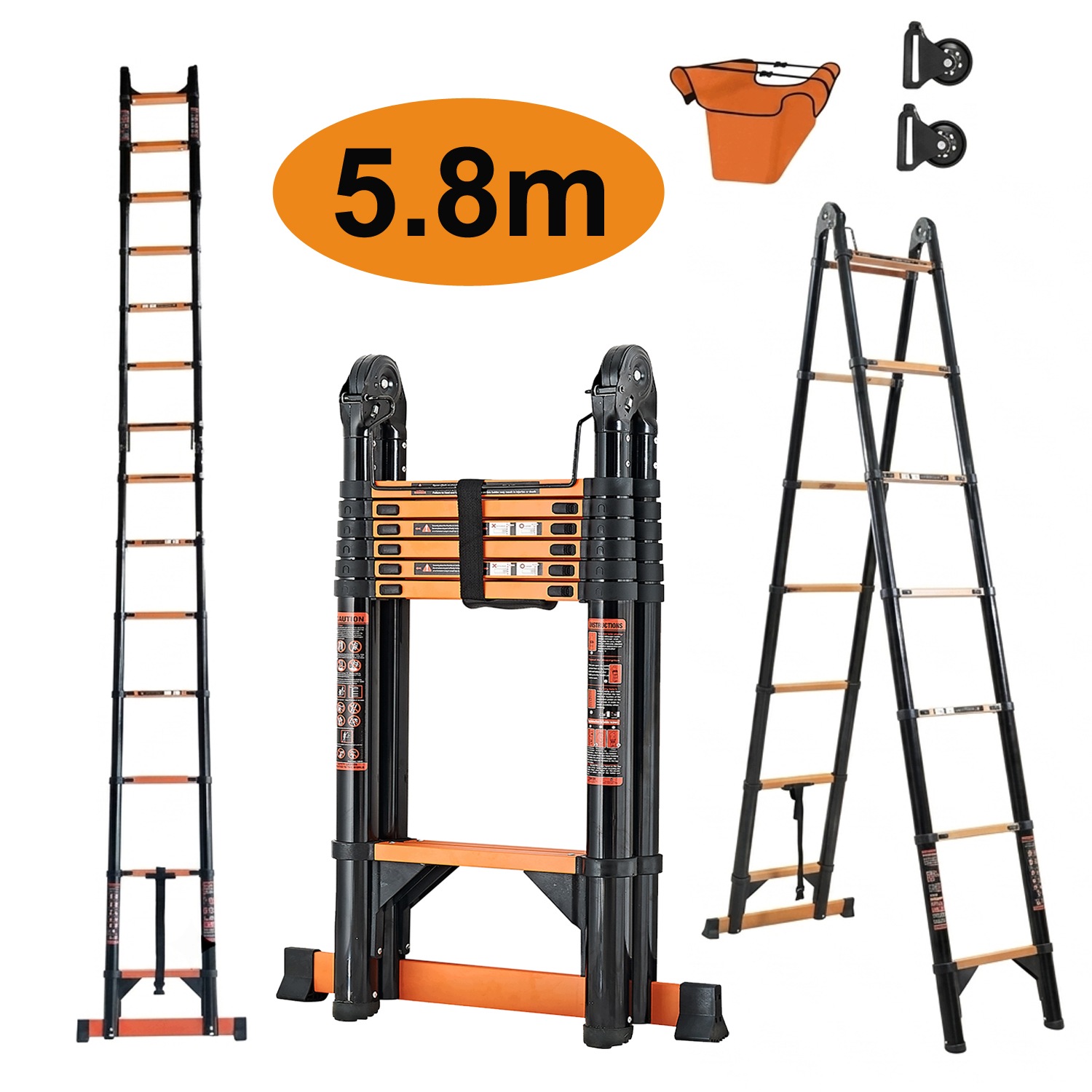 5,8m Teleskopický rebrík 2x7 priečok Skladací Nosnosť 150 kg