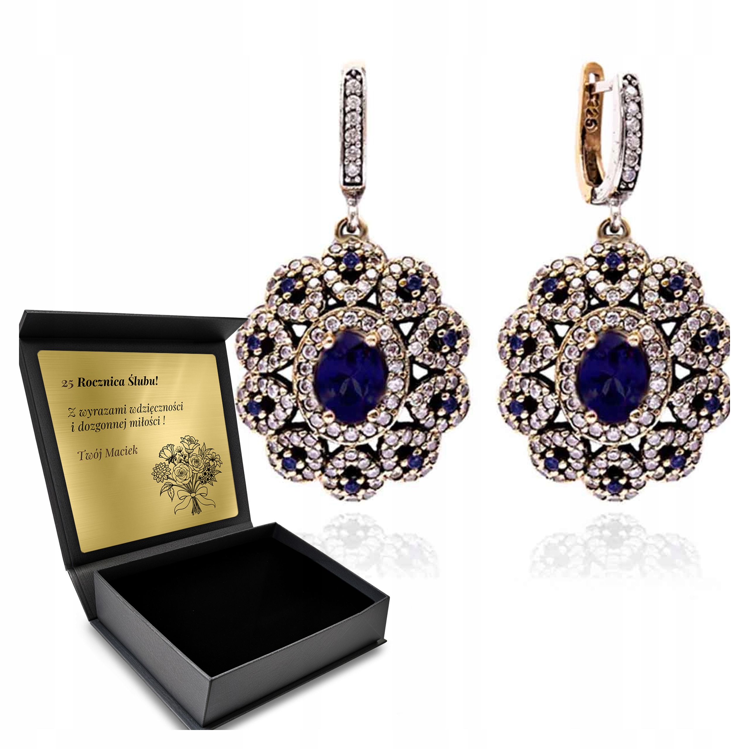 Stříbrné Náušnice 925 Zirkony Safír Dárek pro ženu Gravírování Bonus