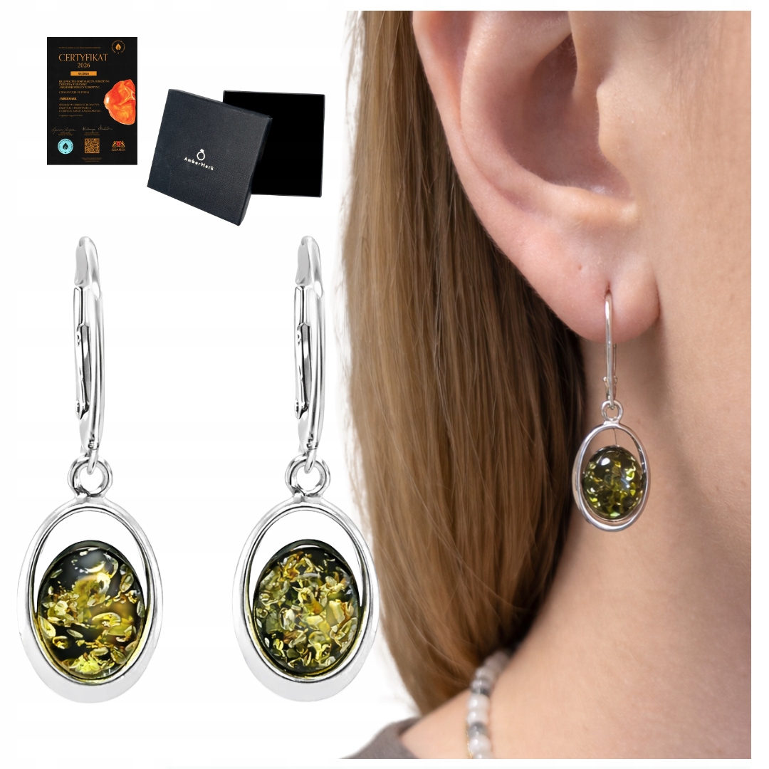 Náušnice elegantní stříbrné s jantarem zeleným, anglické zapínání