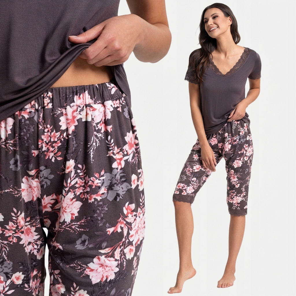 Miękka Piżama Damska Wiskozowa z Koronką Spodnie 3/4 Komfortowa MORAJ