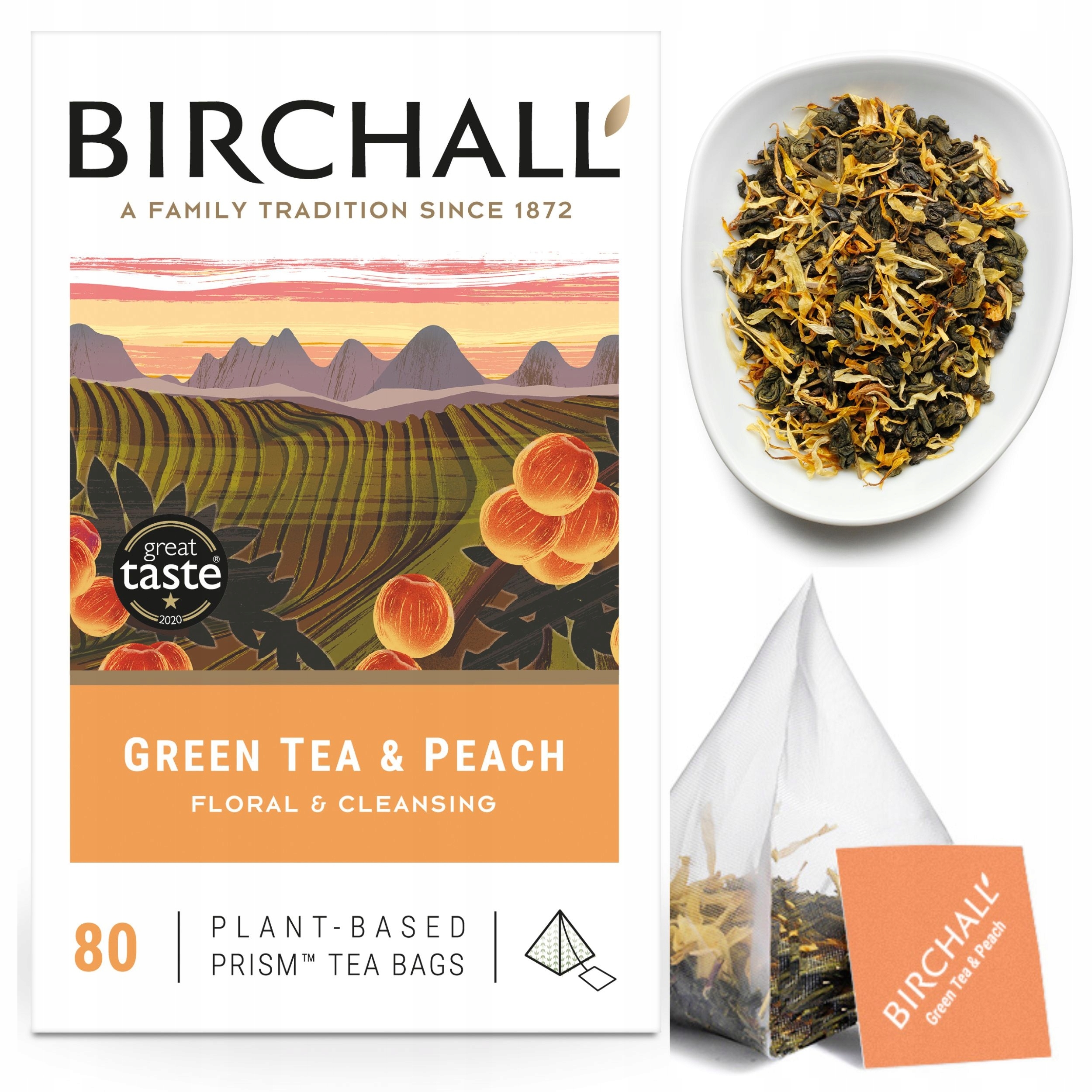 Levně Anglický Čaj Birchall zelený s Broskví 80ks 200g pyramidy