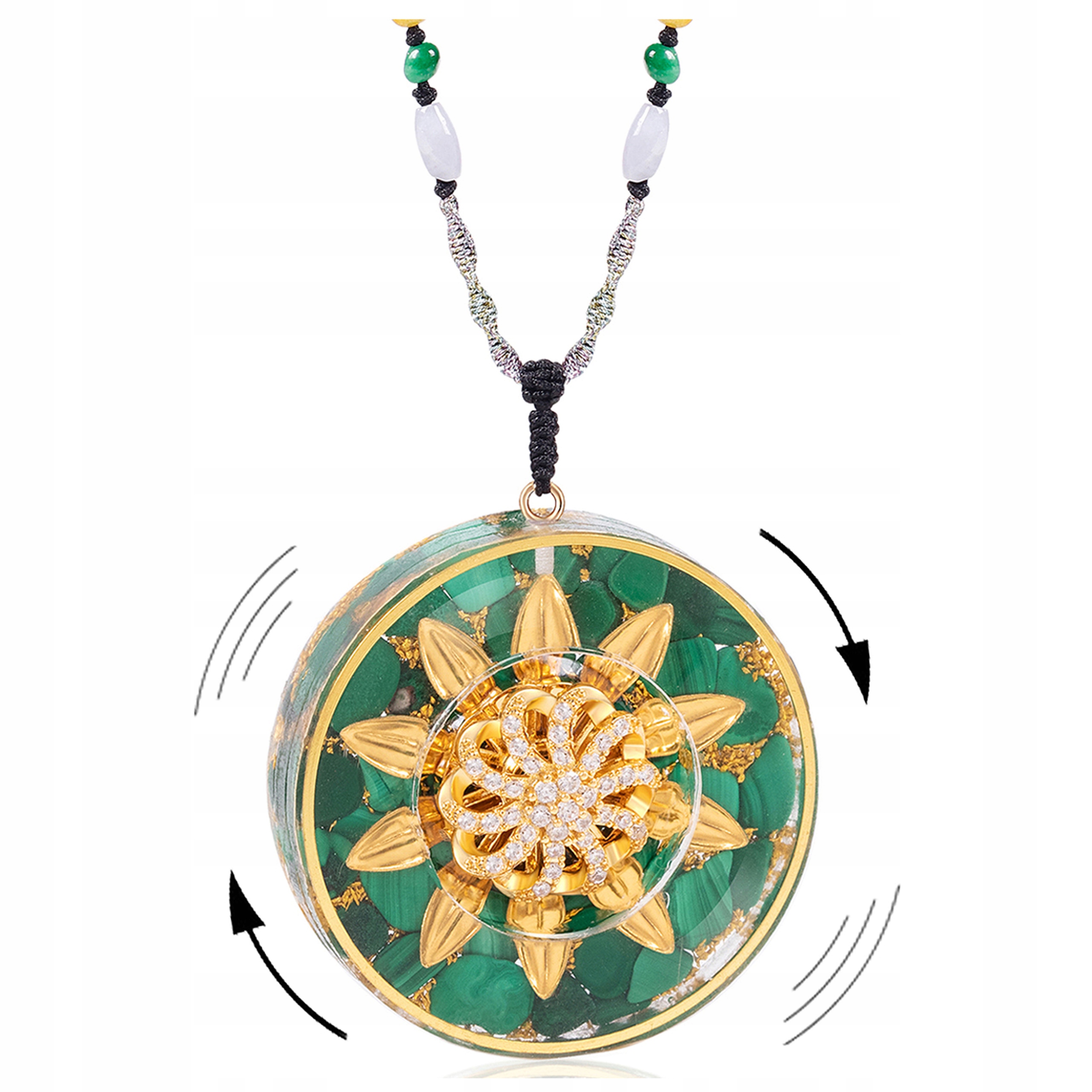 Naszyjnik Orgonitowy Obrotowy Malachit Miedź Złota Folia Uziemienie Czakry