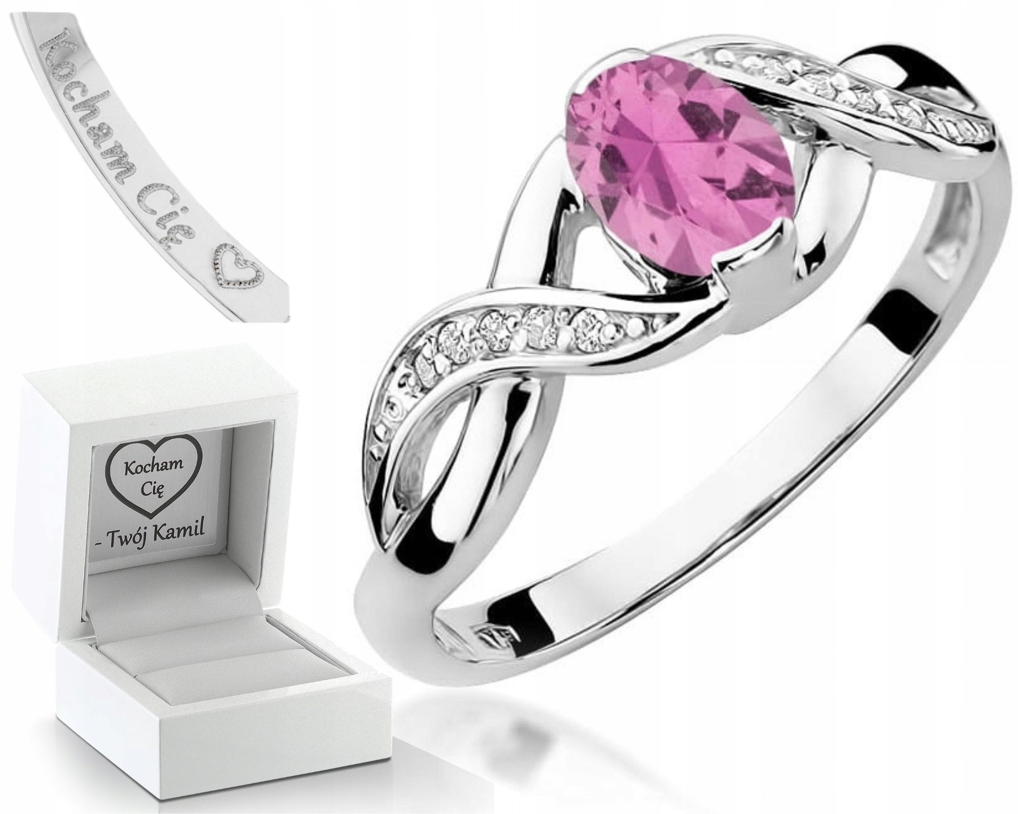 Prstýnek Prsten S Růžovými Safíry, Diamanty, Bílé Zlato 585, Gravírování