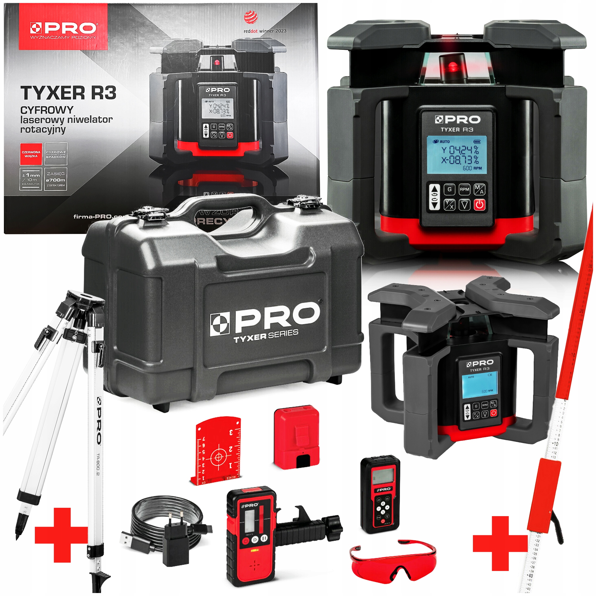 ZESTAW NIWELATOR LASEROWY PRO TYXER R3 DETKTOR ŁATA NIWELACYJNA STATYW