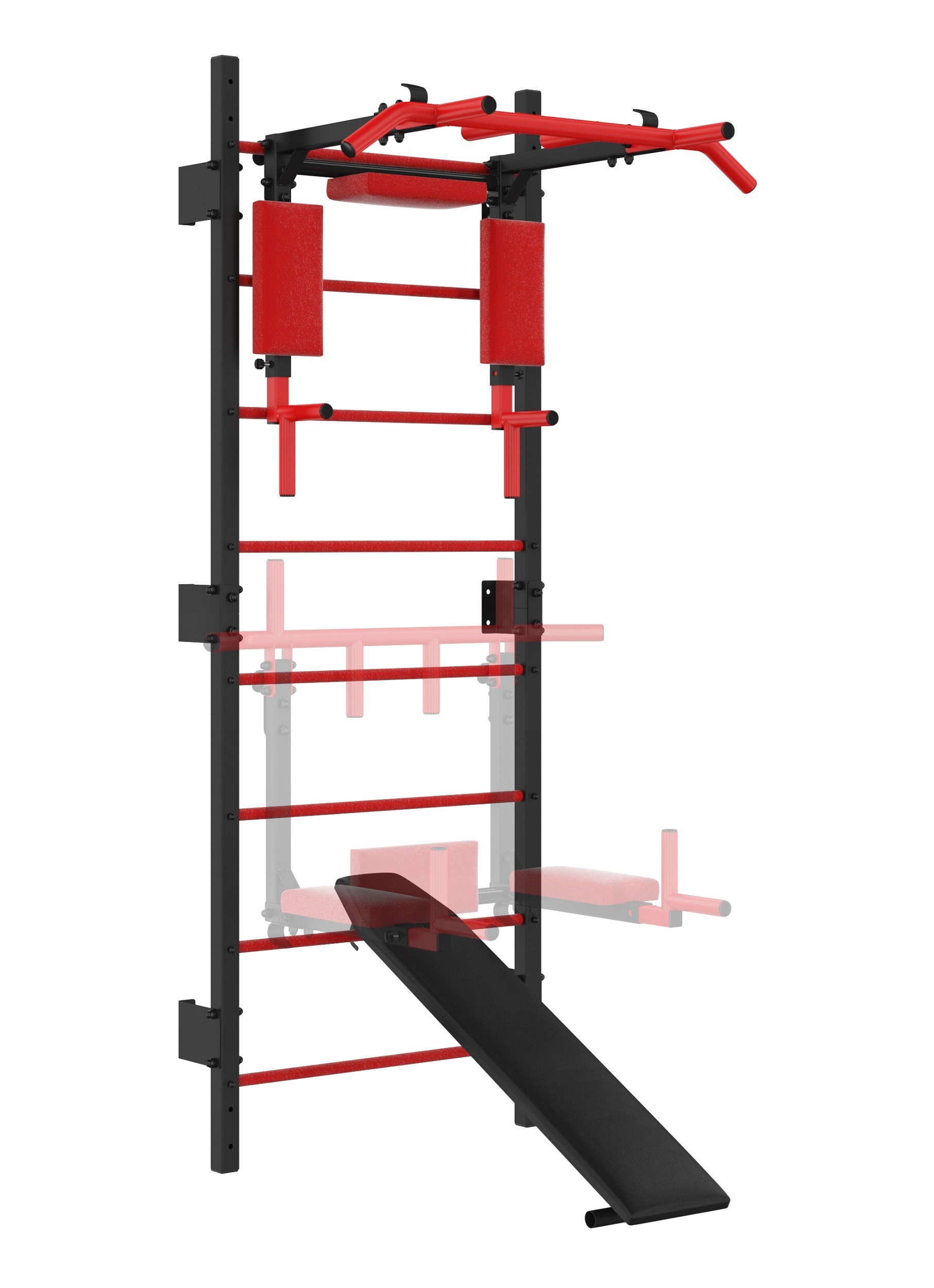 Gymnastický žebřík 4v1 hrazda na zvedání/zábradlí s opěradlem lavice