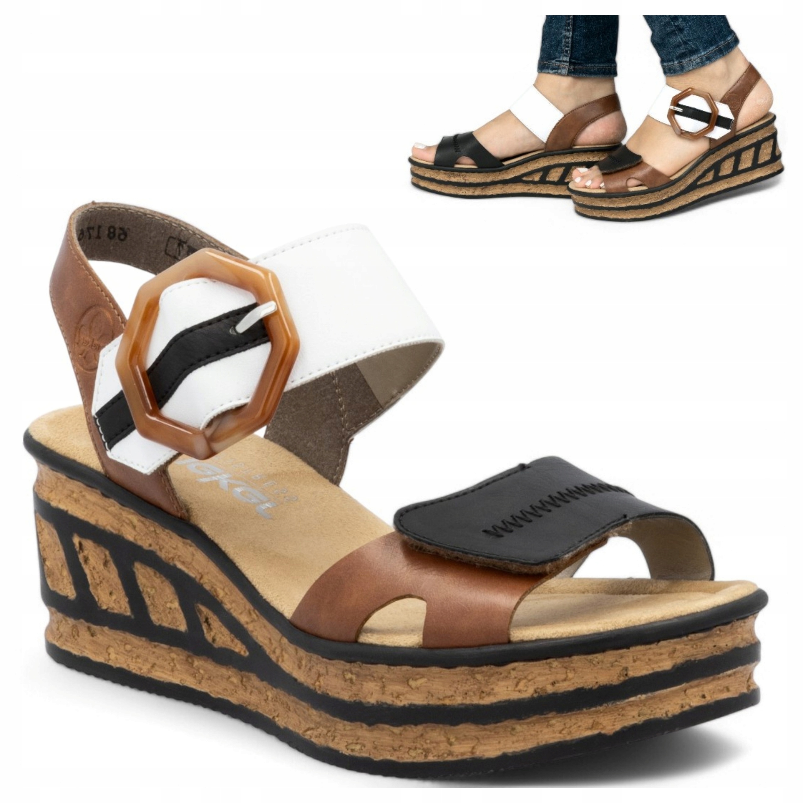 Pohodlné dámské sandály na klínku 41 Rieker Elegantní na suchý zip Hnědé