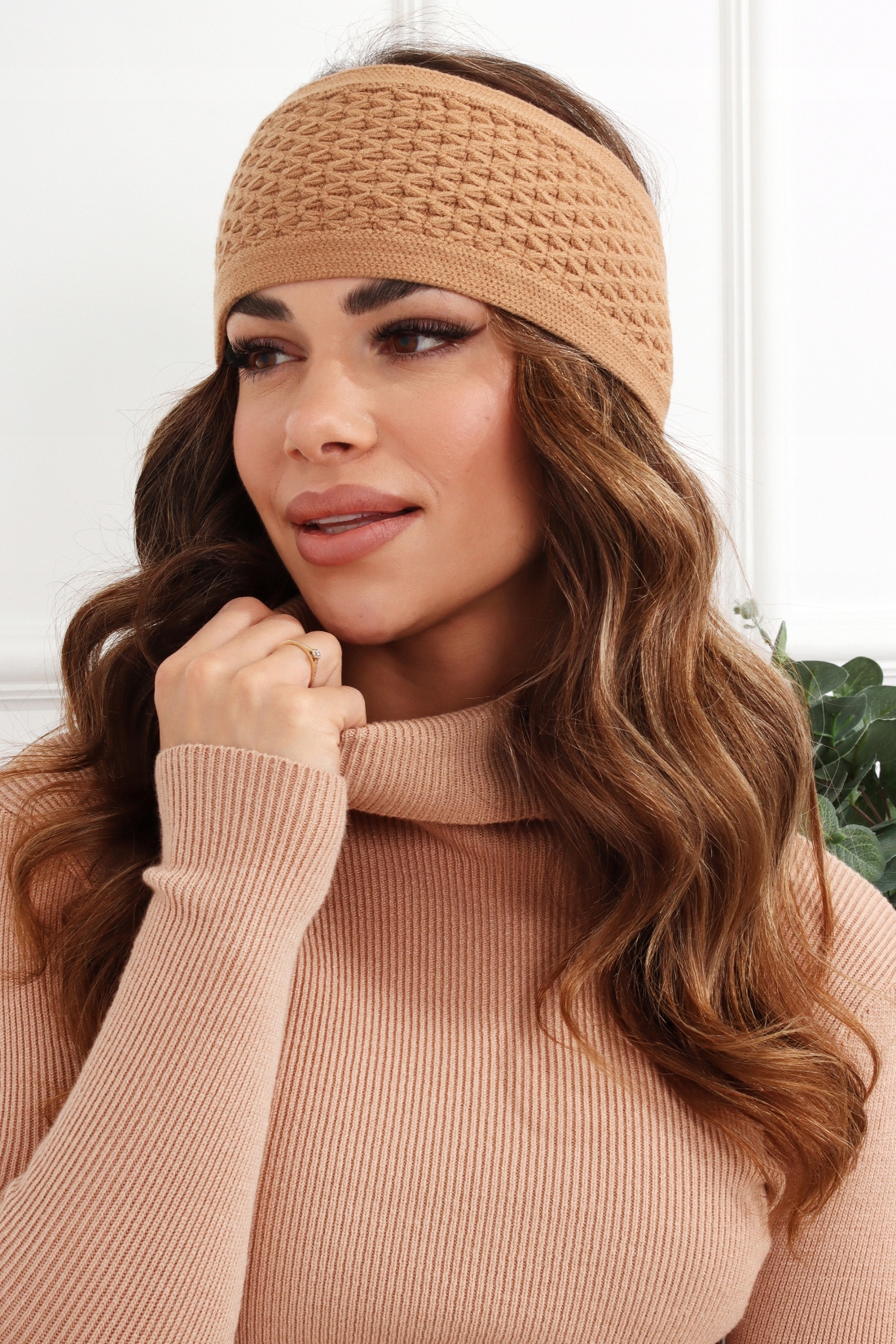 OPASKA DAMSKA NA GŁOWĘ USZY NAUSZNIKI TURBAN CZAPKA CIEPŁA SZEROKA KARMEL Model 2717