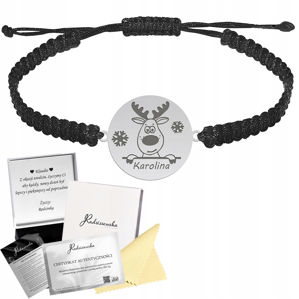 Stříbrný Náramek Se Sobem Gravírování Provázek Dárek K Vánocům