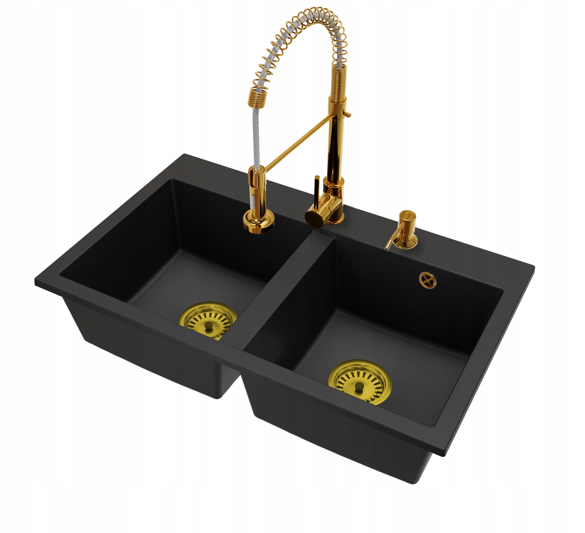 Dvoukomorový dřez Exclusive 20 Baterie Spiral Zlato Sifon Zlatý Dávkovač