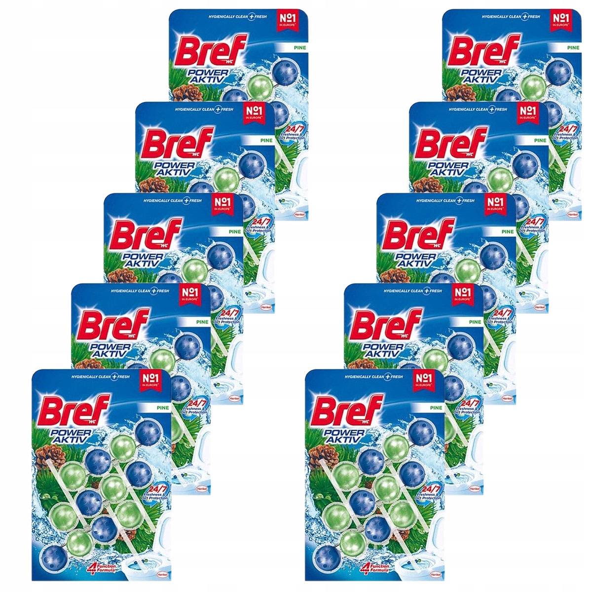 Sada 10 x Kostky na zavěšení Wc toalety Bref Power Aktiv Pine 3x50g borovice