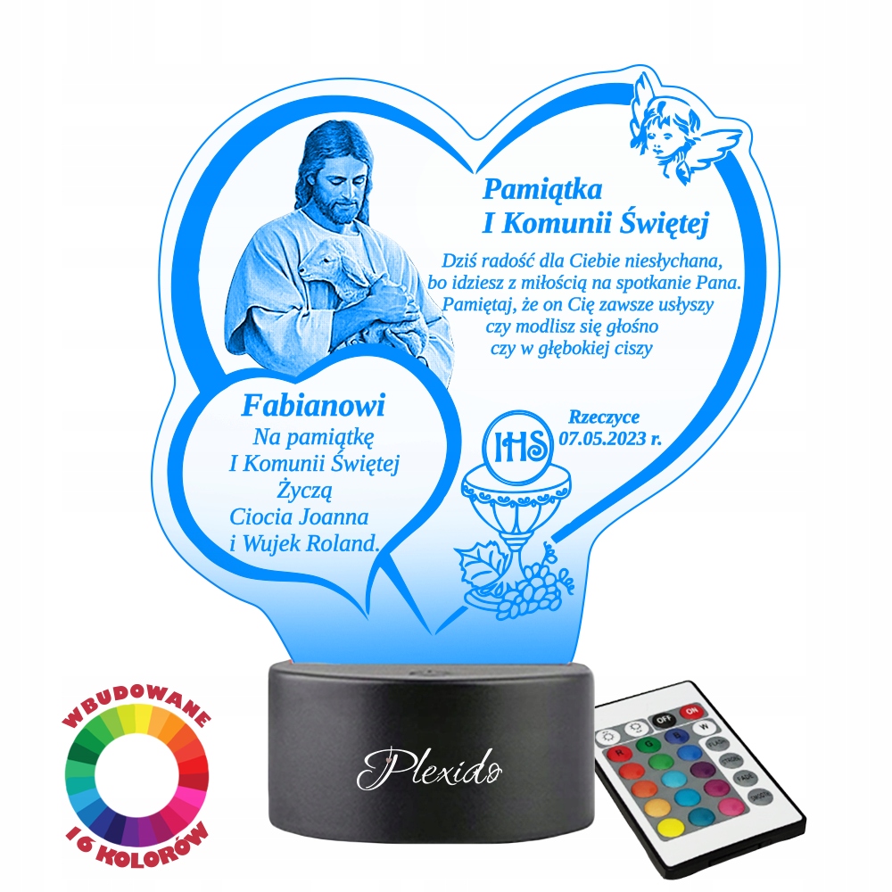 Lampka LED Pamiątka Pierwszej Komunii Świętej IHS