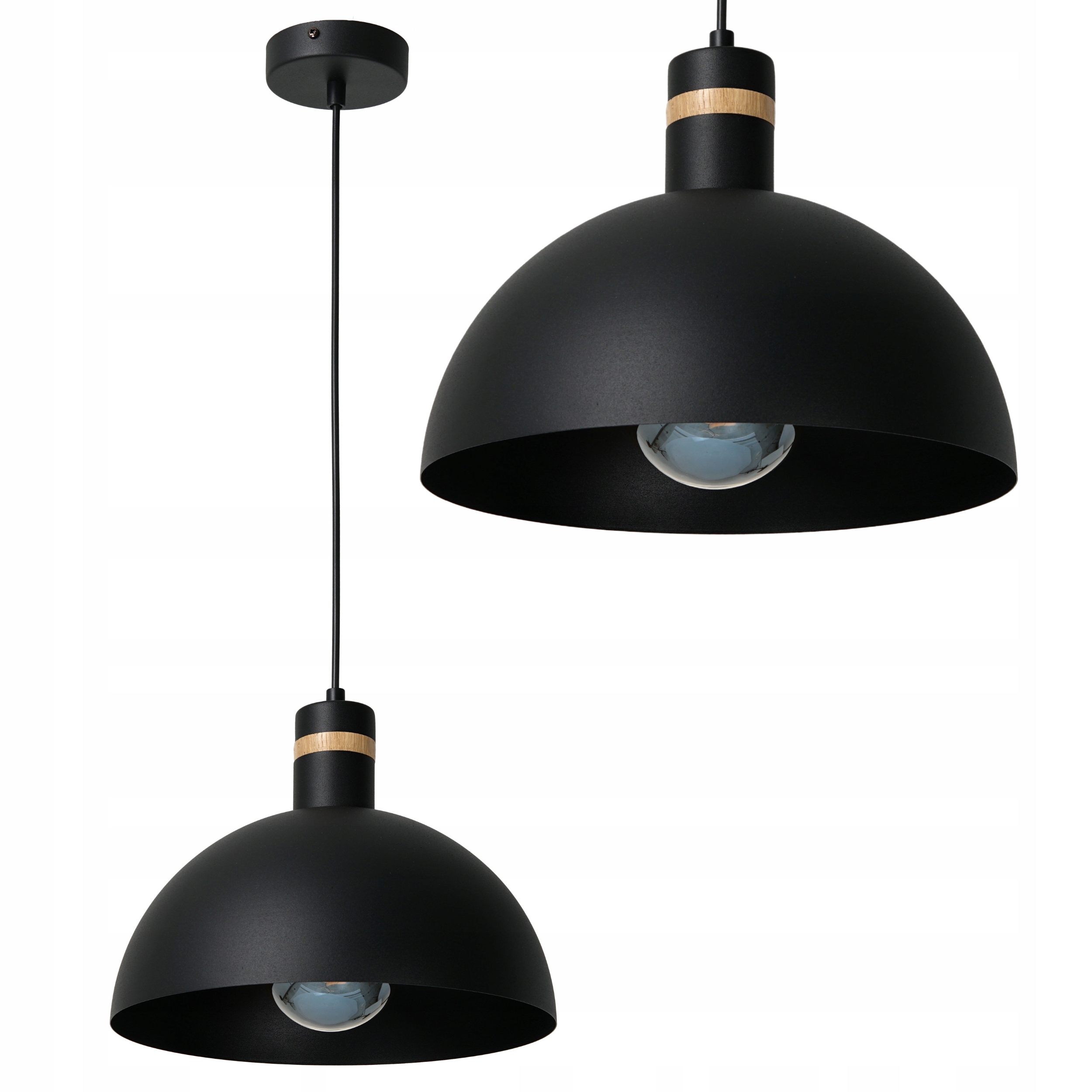

Lampa Wisząca Metalowy Duży Klosz Czarna Z Drewnem