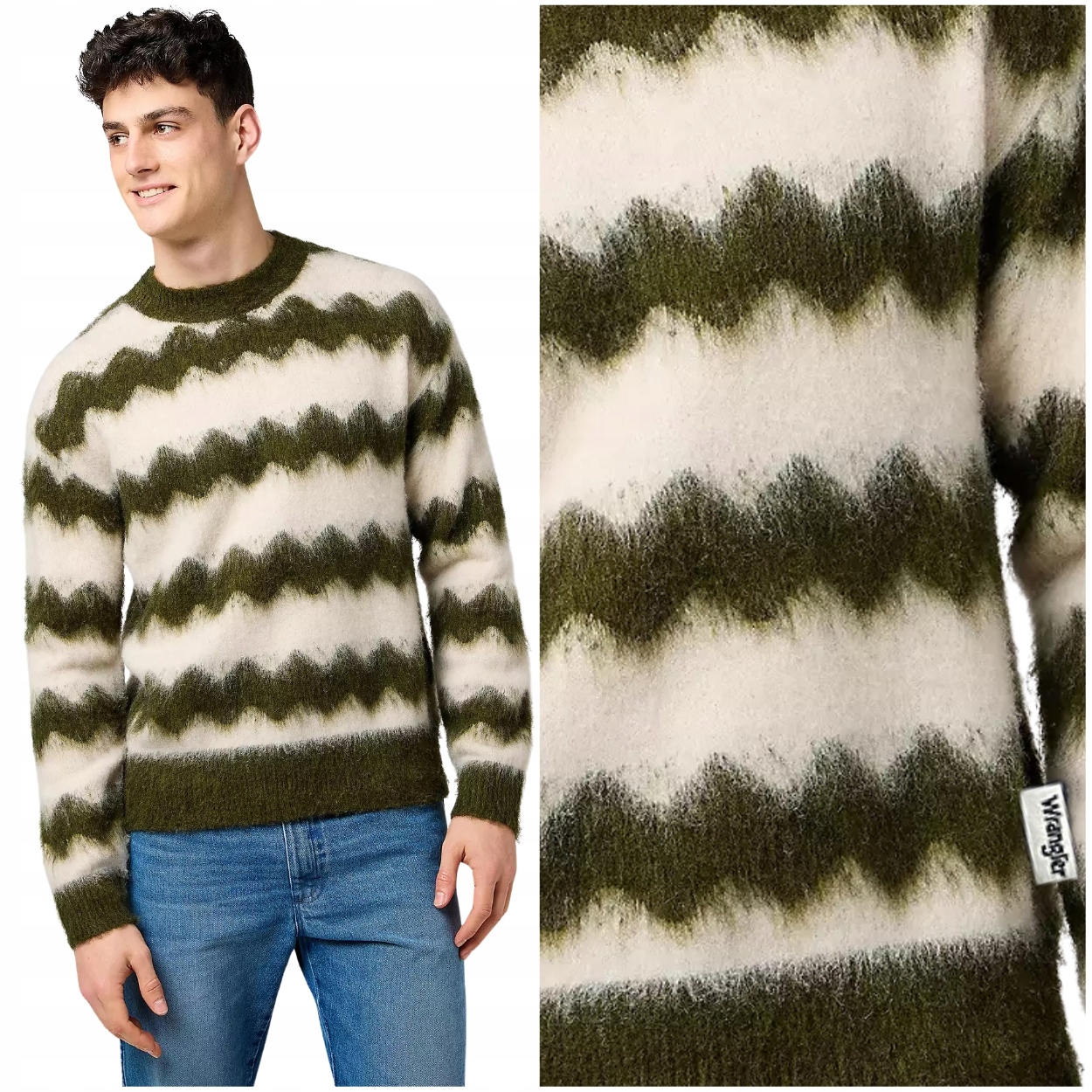 Wrangler Striped Sweater Ivy Green teplý akrylový svetr s příměsí vlny M