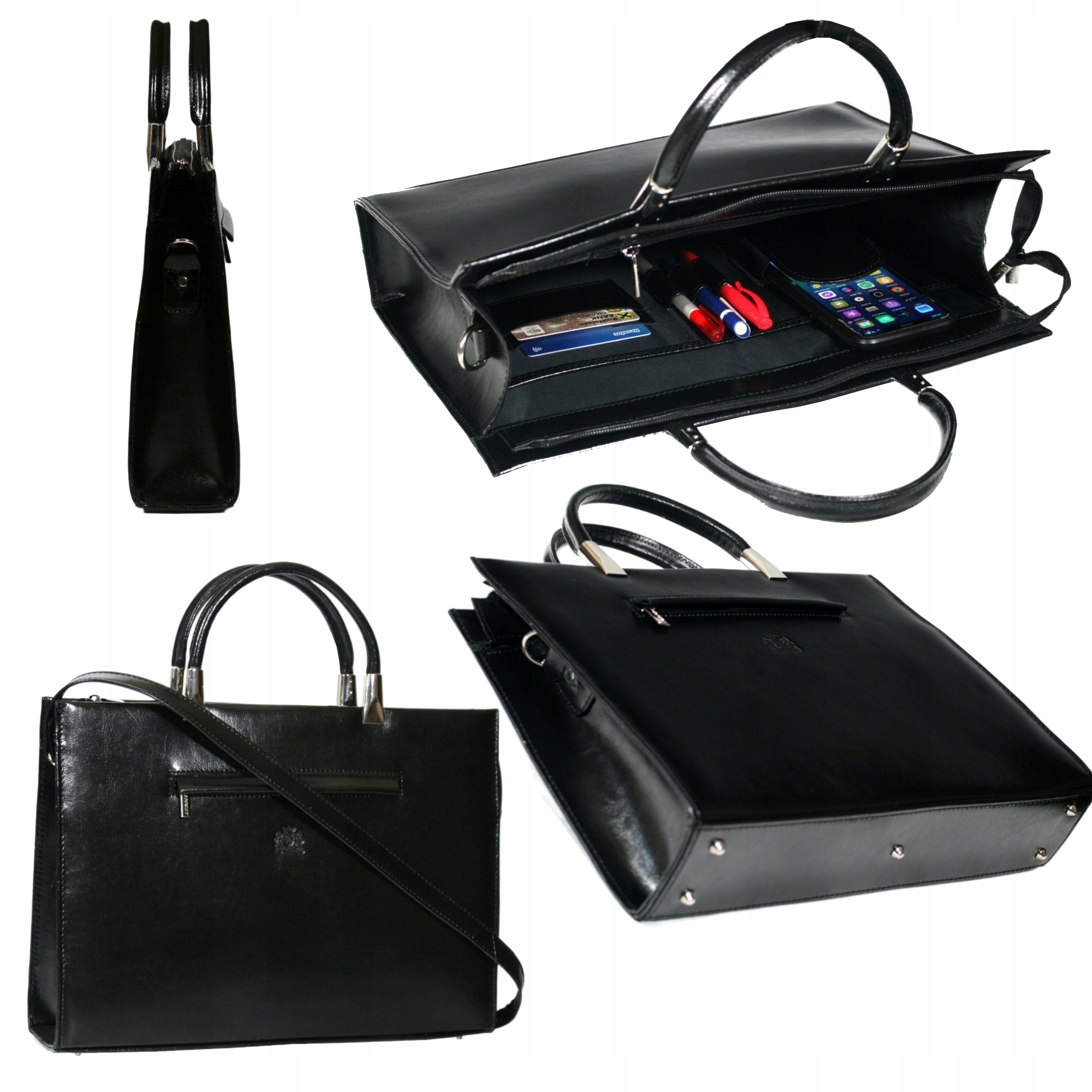 Dámská kožená taška přes rameno na notebook 15 A4 černá polská výroba