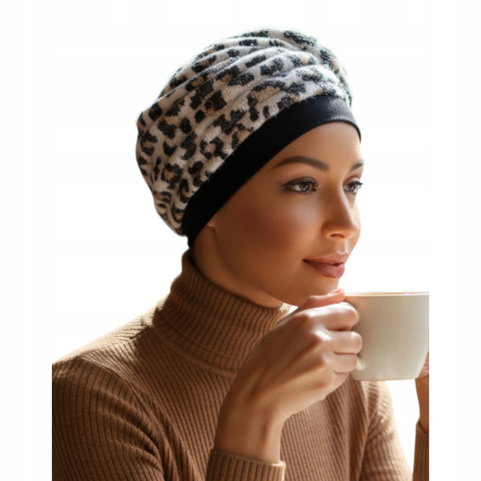 Dámský turban Ela 500 čepice příjemná svetrová teplá podzim zima panterka