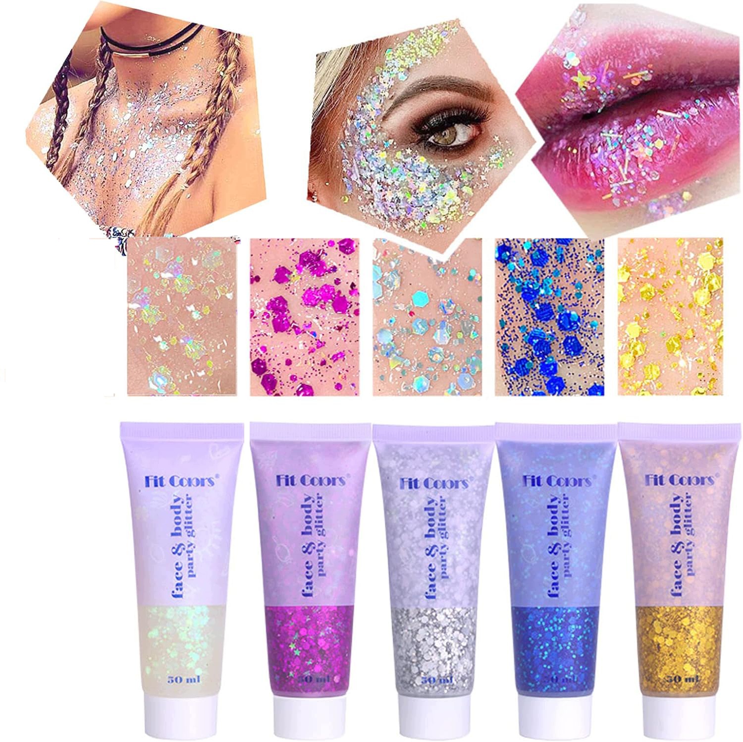 5 Sada Gel s brokátovým hologramem na obličej 50 ml pro plesy a večírky