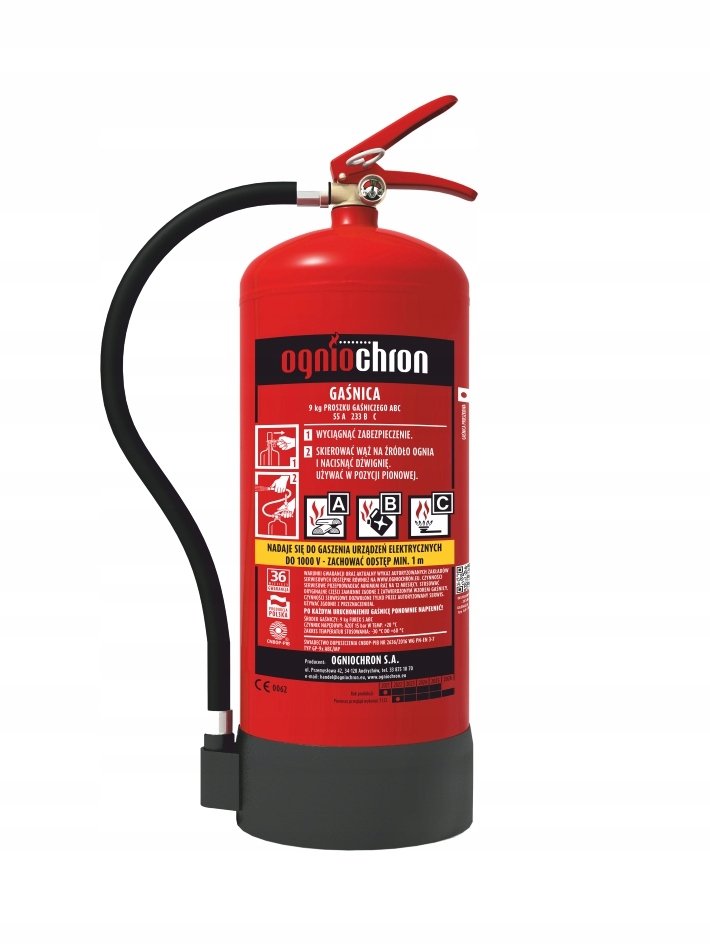 Gaśnica proszkowa Gp 9xABC Ogniochron uchwytem naściennym z podstawą 9kg