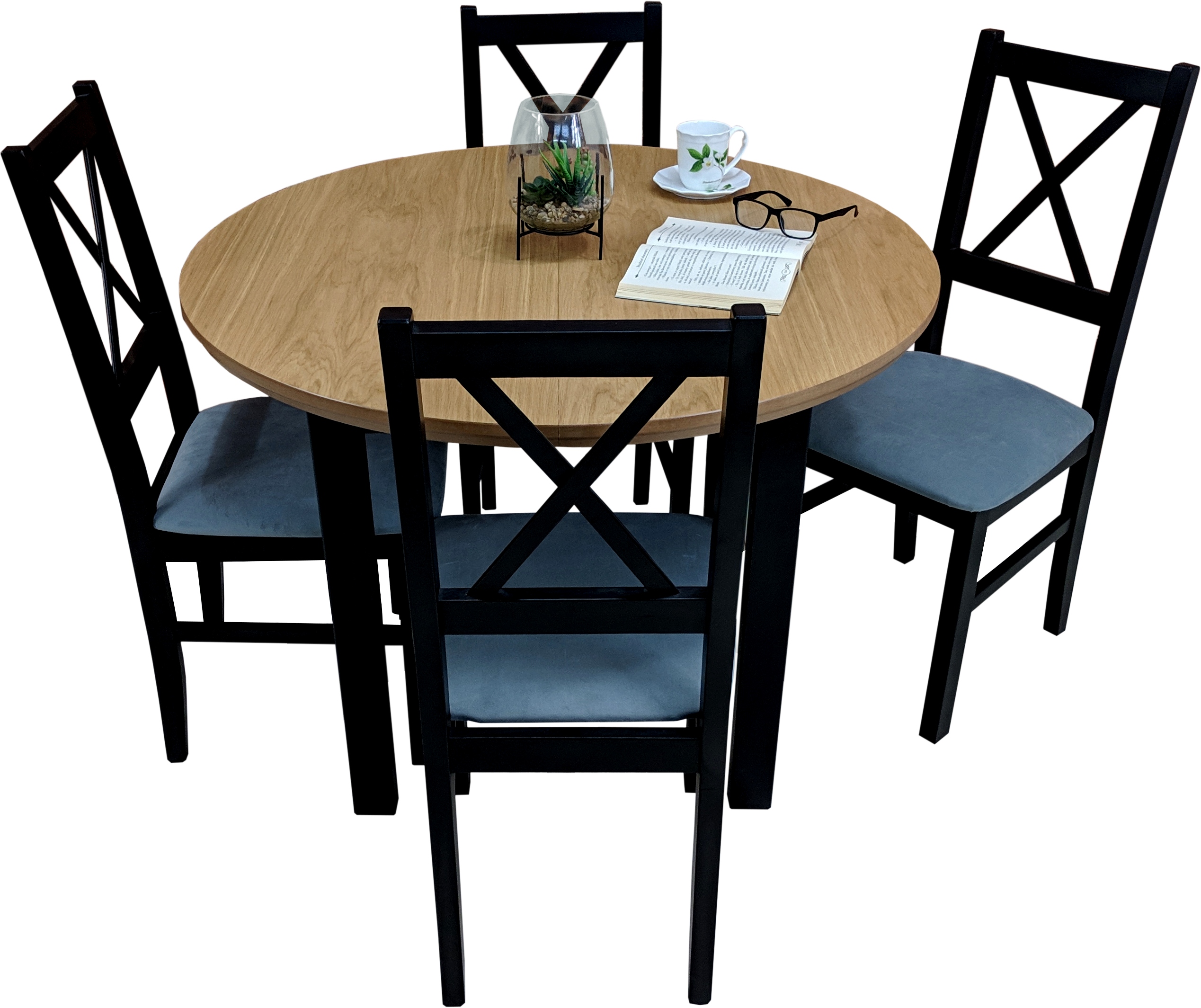 Stół rozkładany okrągły 100 loft z 4 krzesłami