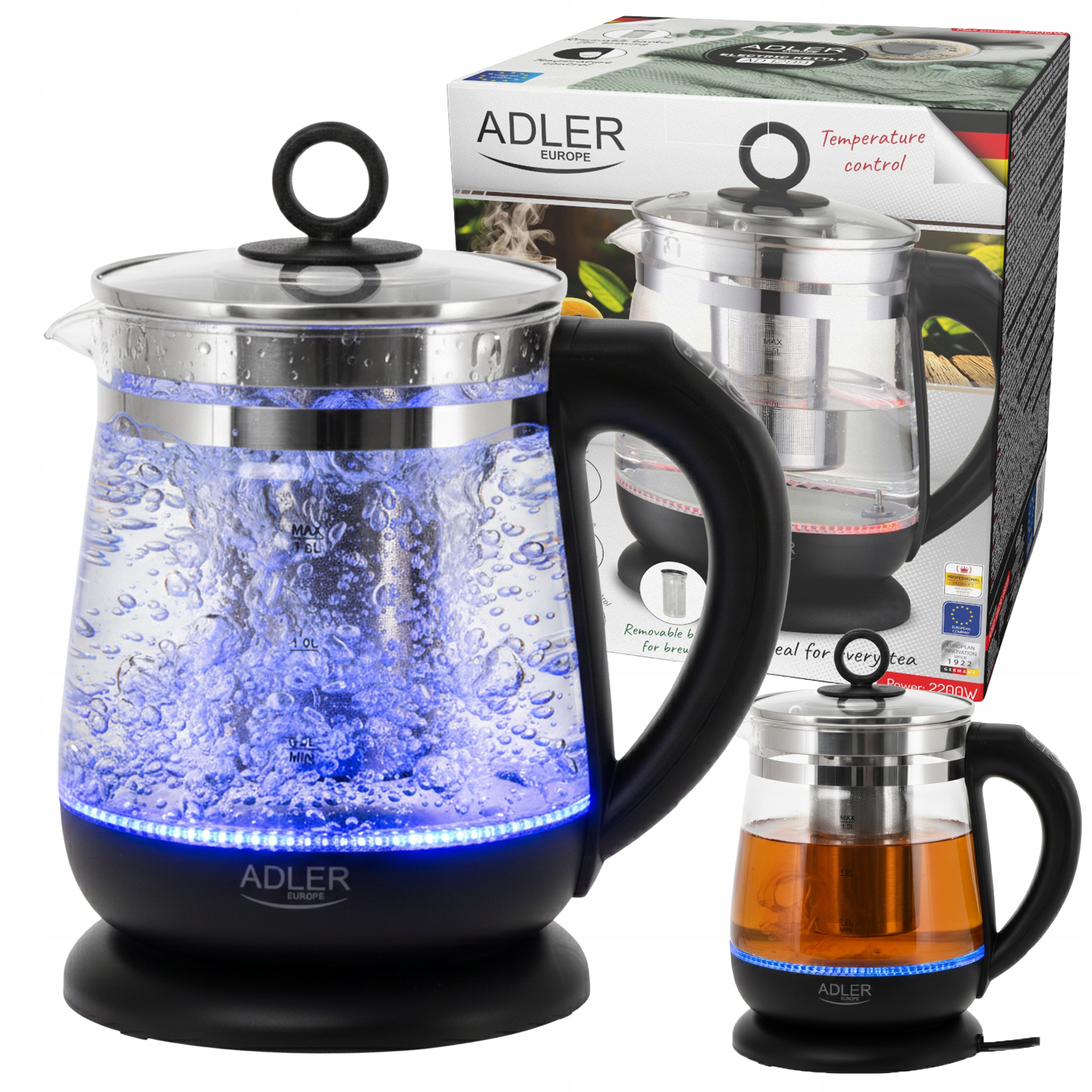 Czajnik Elektryczny Szklany Bezprzewodowy Regulacja Temp Led 1,5L Zaparzacz