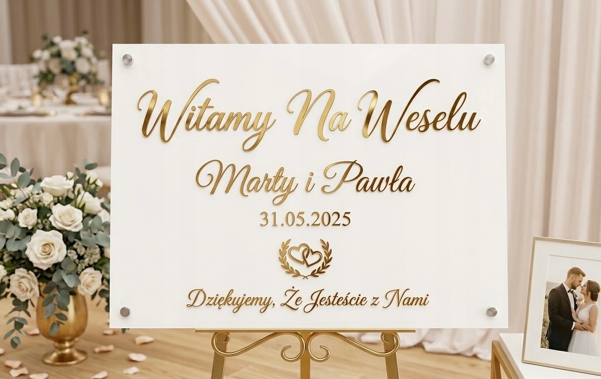 Uvítací tabule na 50 x 70 cm, personalizovaná, zlatý nápis, svatební dekorace