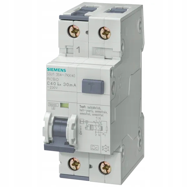 Siemens Rcbo, 10 kA, 1P+N, typ A, 30 mA, B-char, In: 6 A, Un Ac: 230 V