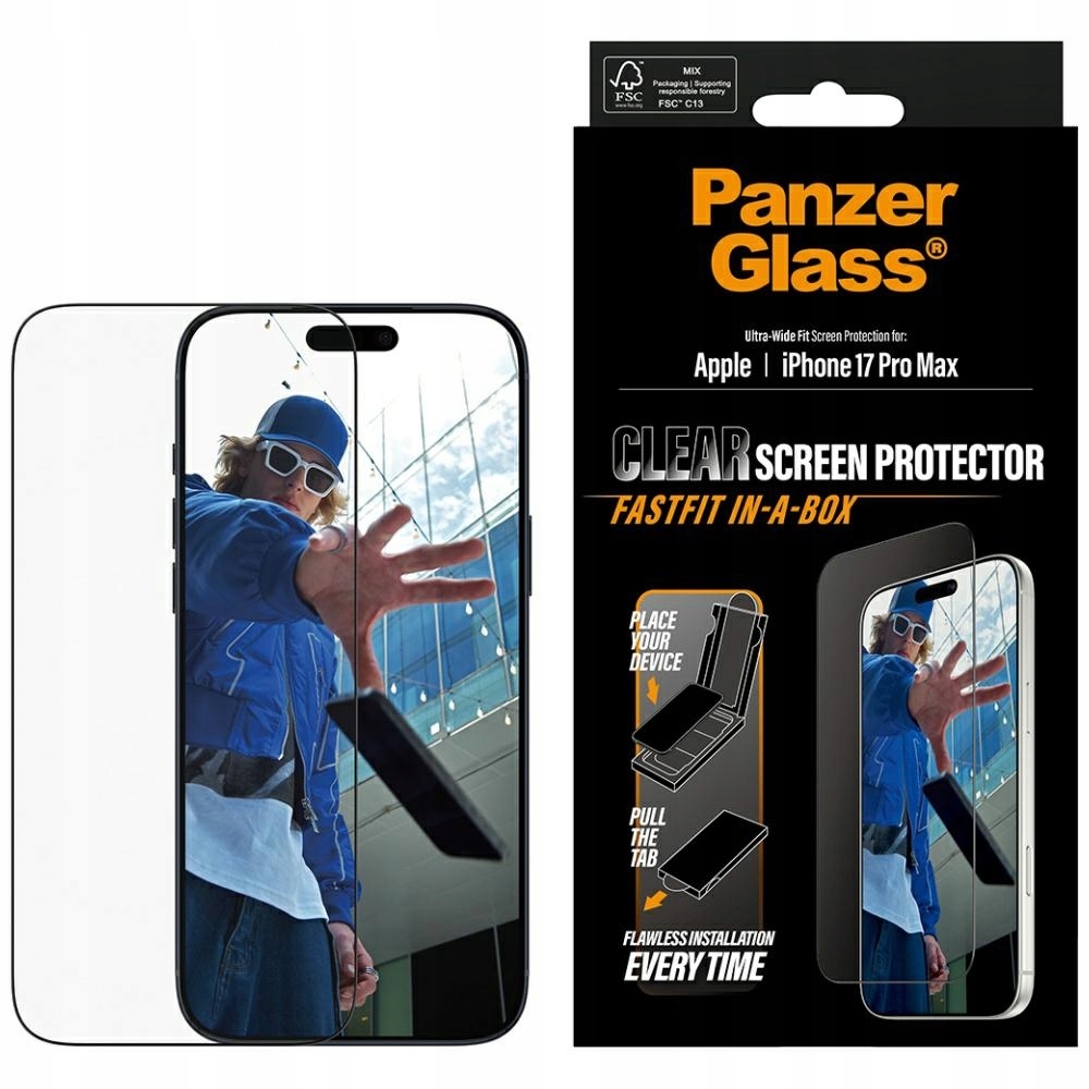 Tvrzené sklo pro iPhone 17 Pro Max oleofobní 9H Wide Fit PanzerGlass