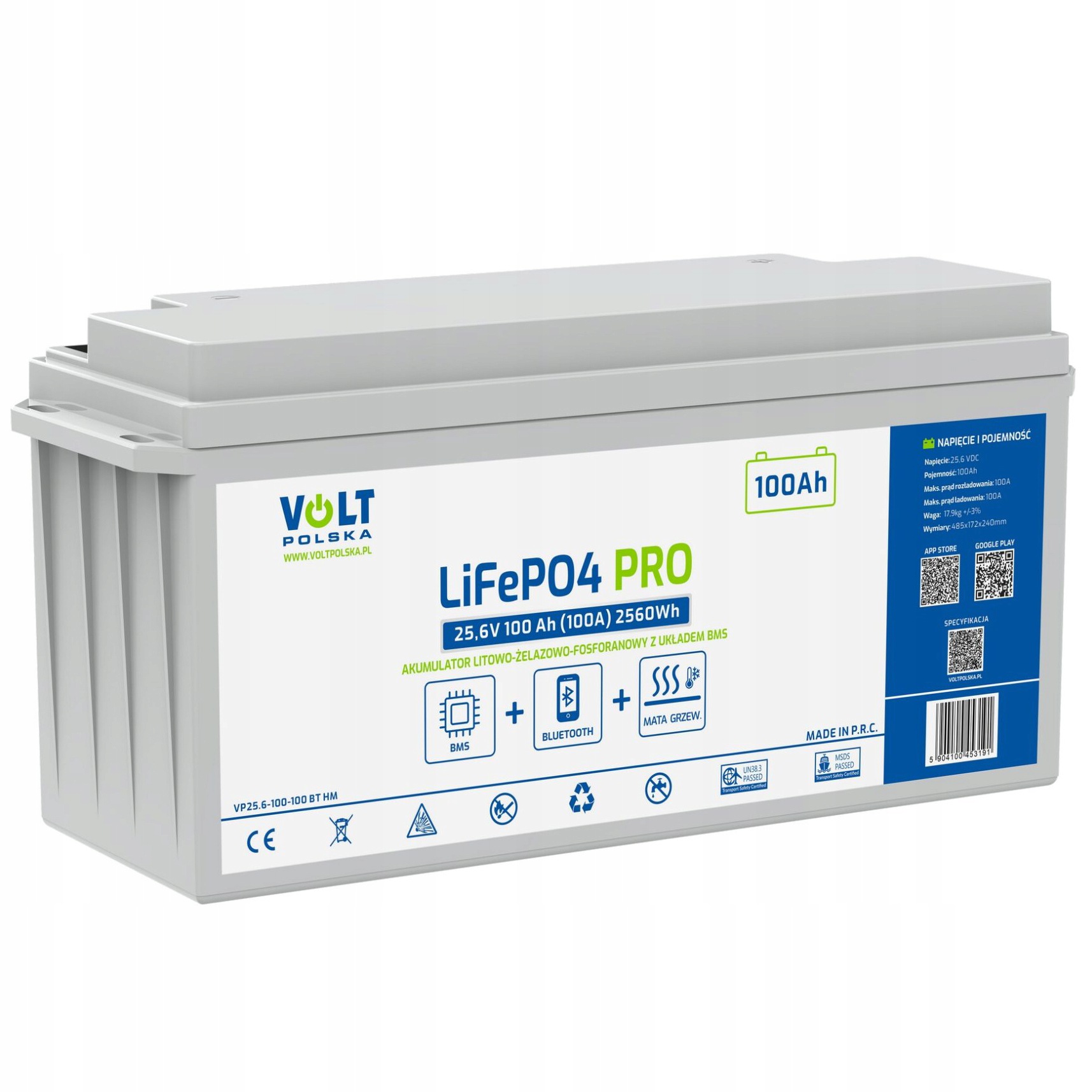 Volt Akumulátor LiFePO4 Pro 25,6V 100Ah (100A) Bms Bluetooth Vyhřívací Podložka