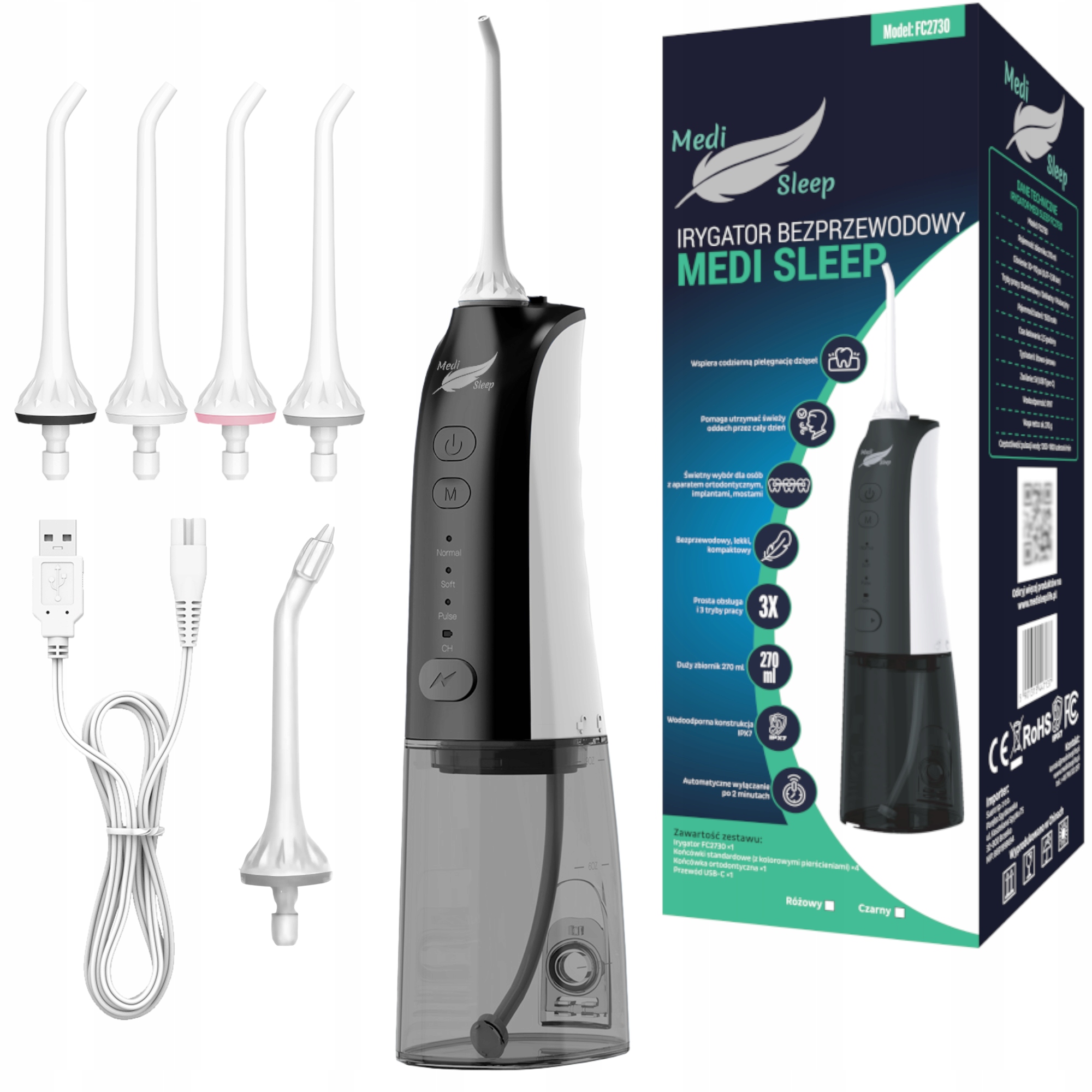 Irygator Do Zębów Czarny Bezprzewodowy Pulsacyjny Dentystyczny 4 Tryby 5