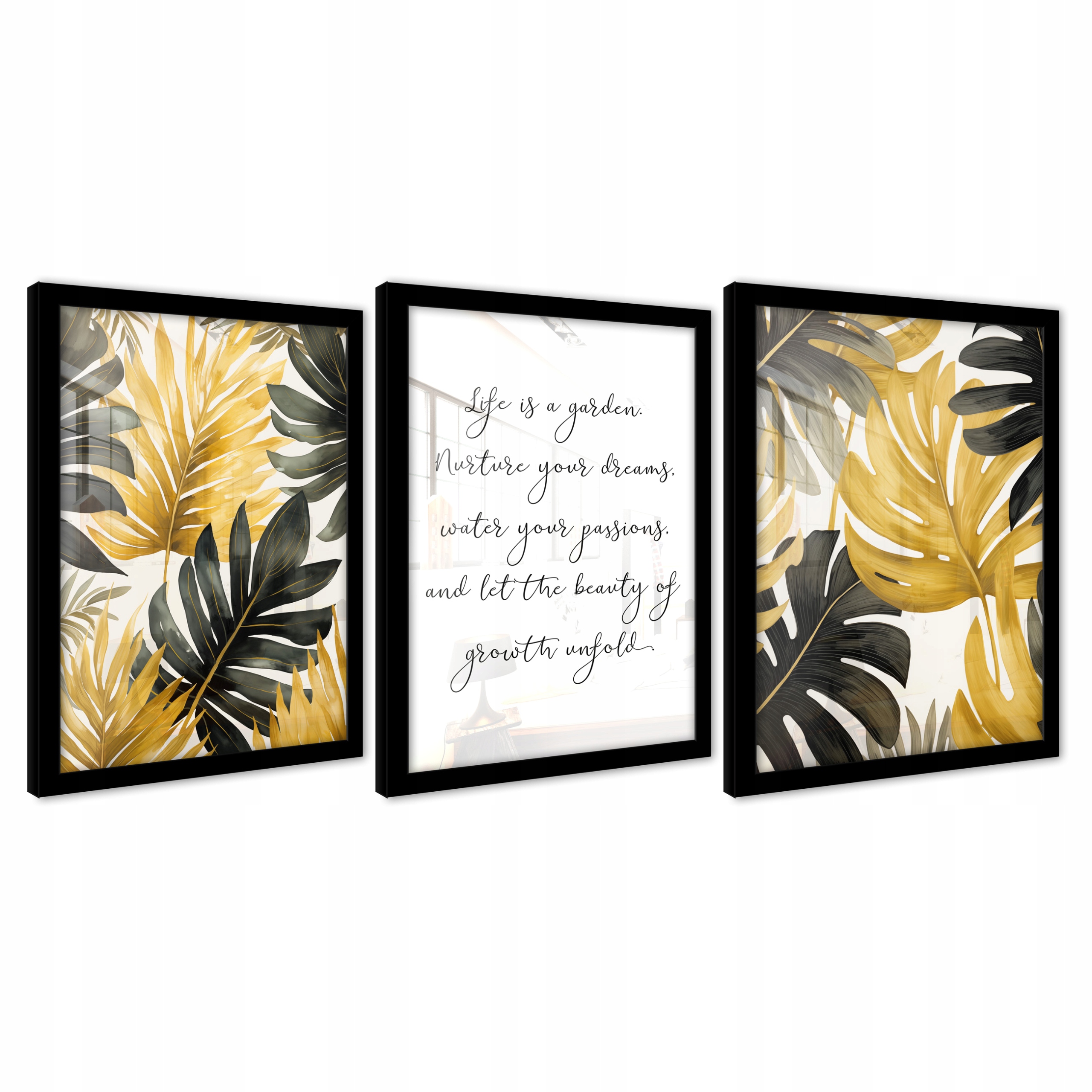 Obrazy Na Stenu V Ráme Plagáty Triptych Listy Zlaté Čierny Nápis 73x159