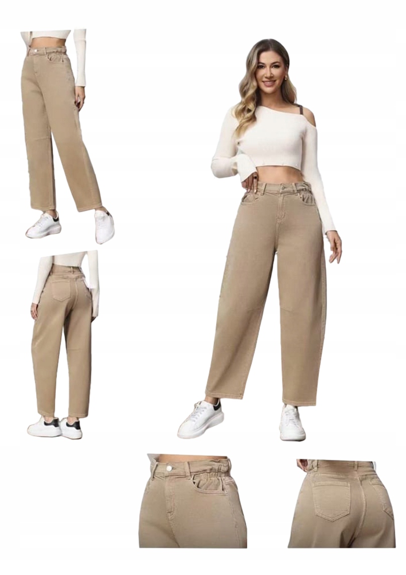 M.sara Balloon Damskie Spodnie Jeansy Beżowe Wysoki Stan 34 Xs