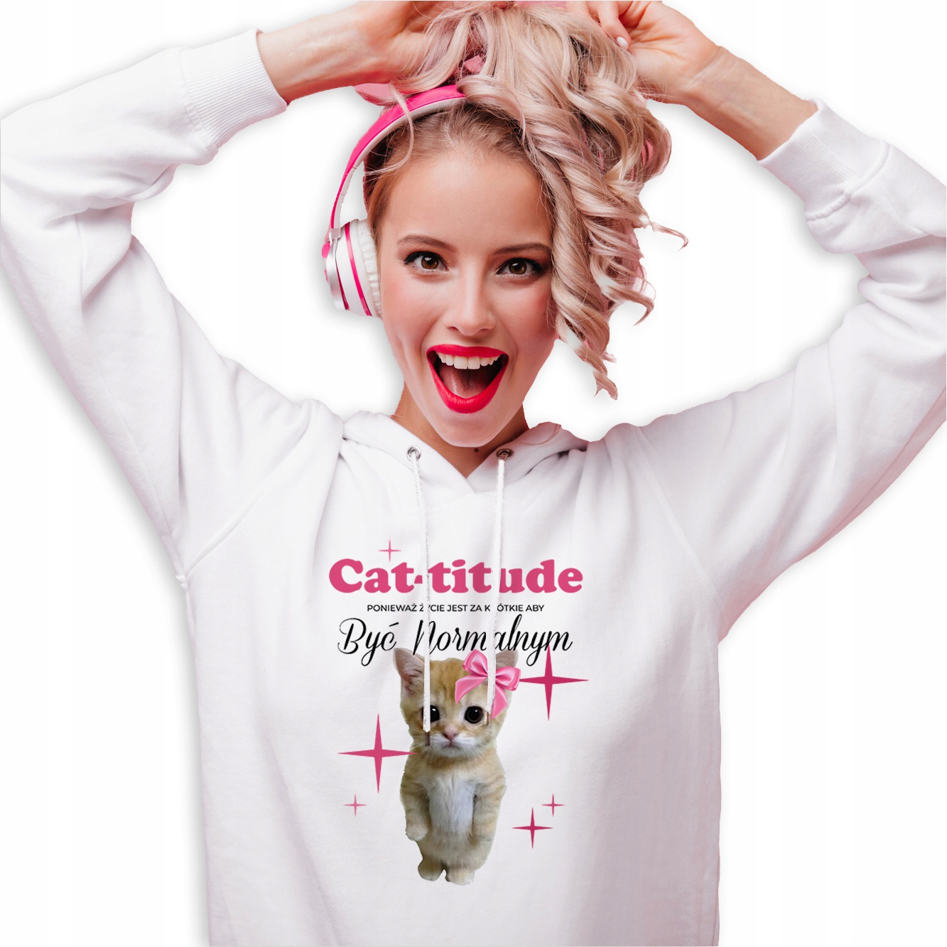 Mikina Bílá S Kapucí Veselý Dárek Narozeniny Cat-titude Velikost M