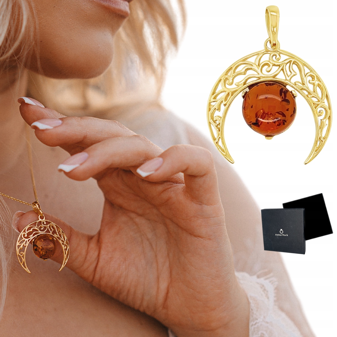 Přívěsek stříbrný s Jantarem pozlacený měsíc lunula Zlatý Film jedinečný