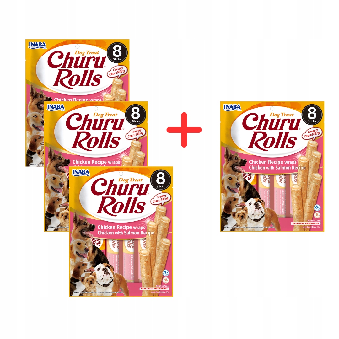 Inaba Dog Churu Rolls Wraps 4x96g Psí Pamlsek Kuřecí losos 3+1 Bonus