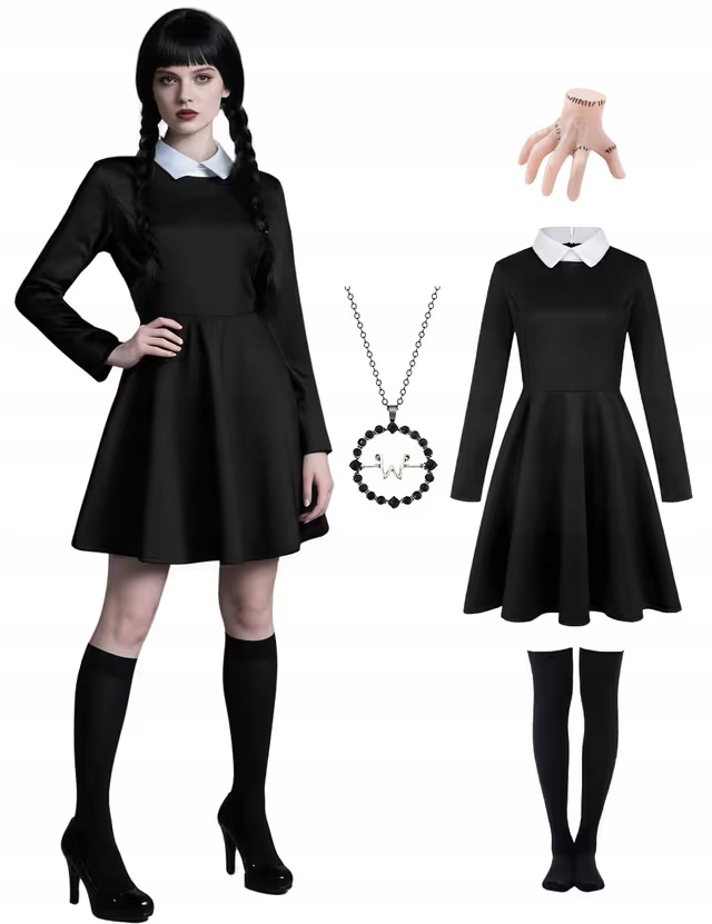 Gotický kostým XL Černá Šaty Rukojeť Náhrdelník Podkolenky Převlek