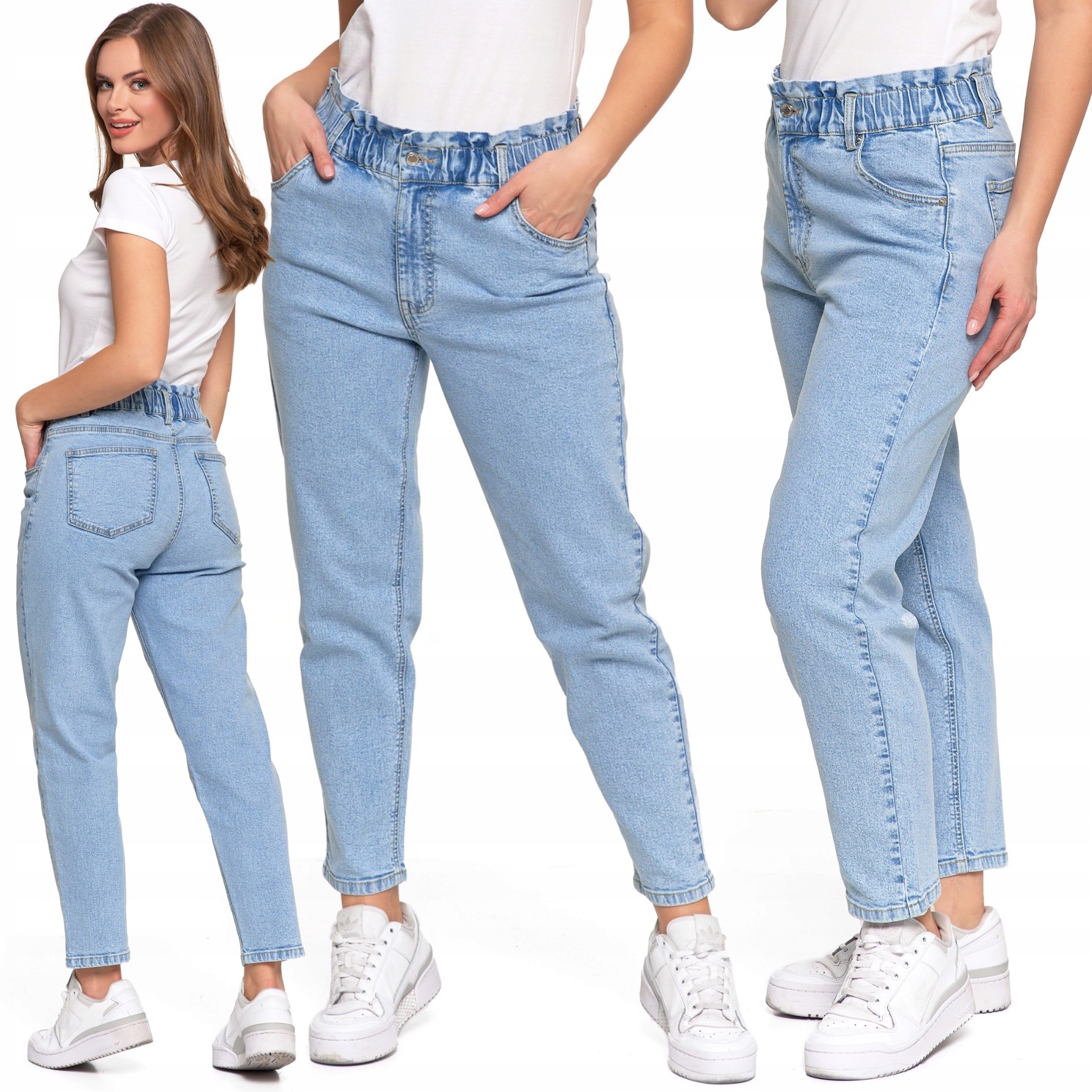 Spodnie Jeansy Damskie Paper Bag Luźne Elastyczne Wysoki Stan Moraj L