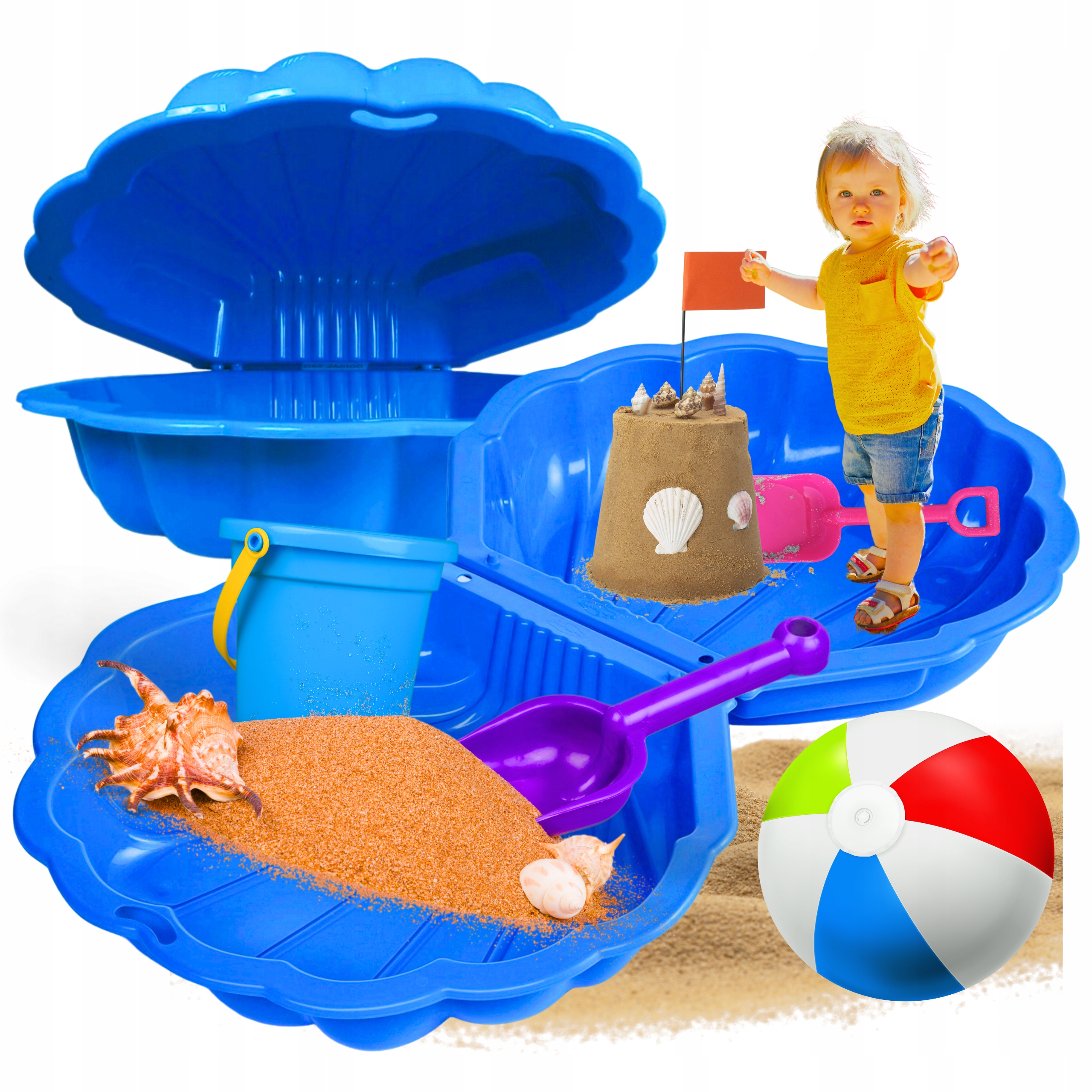 PIASKOWNICA DUŻA XXL BASEN 2W1 MUSZELKA ZAMYKANA DWUCZĘŚCIOWA PLASTIKOWA