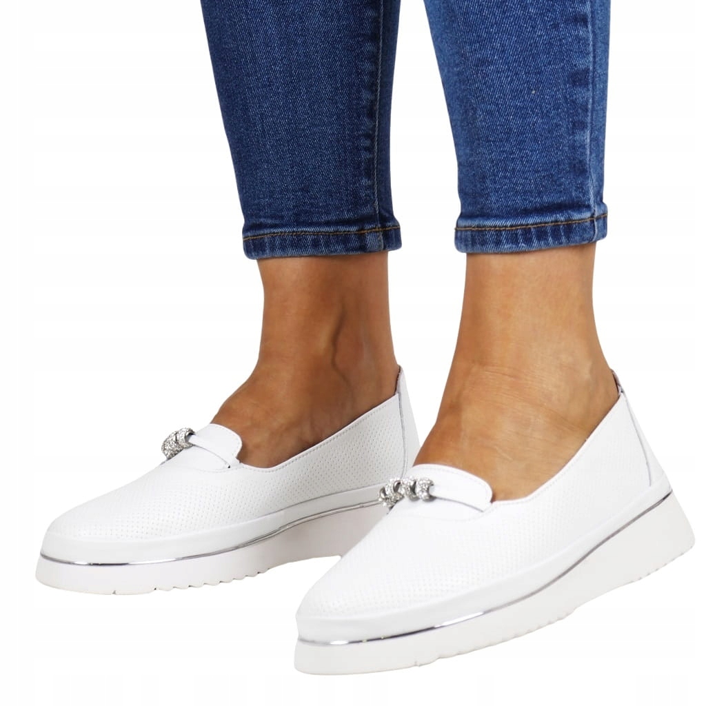 Bílé Dámské Polobotky Z Kůže Se Zirkony Na Klínku, Pohodlné, Velikost 37