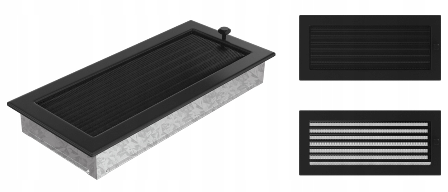 Větrací krbová mřížka černá s pohyblivou žaluzií 17x37 kapsa