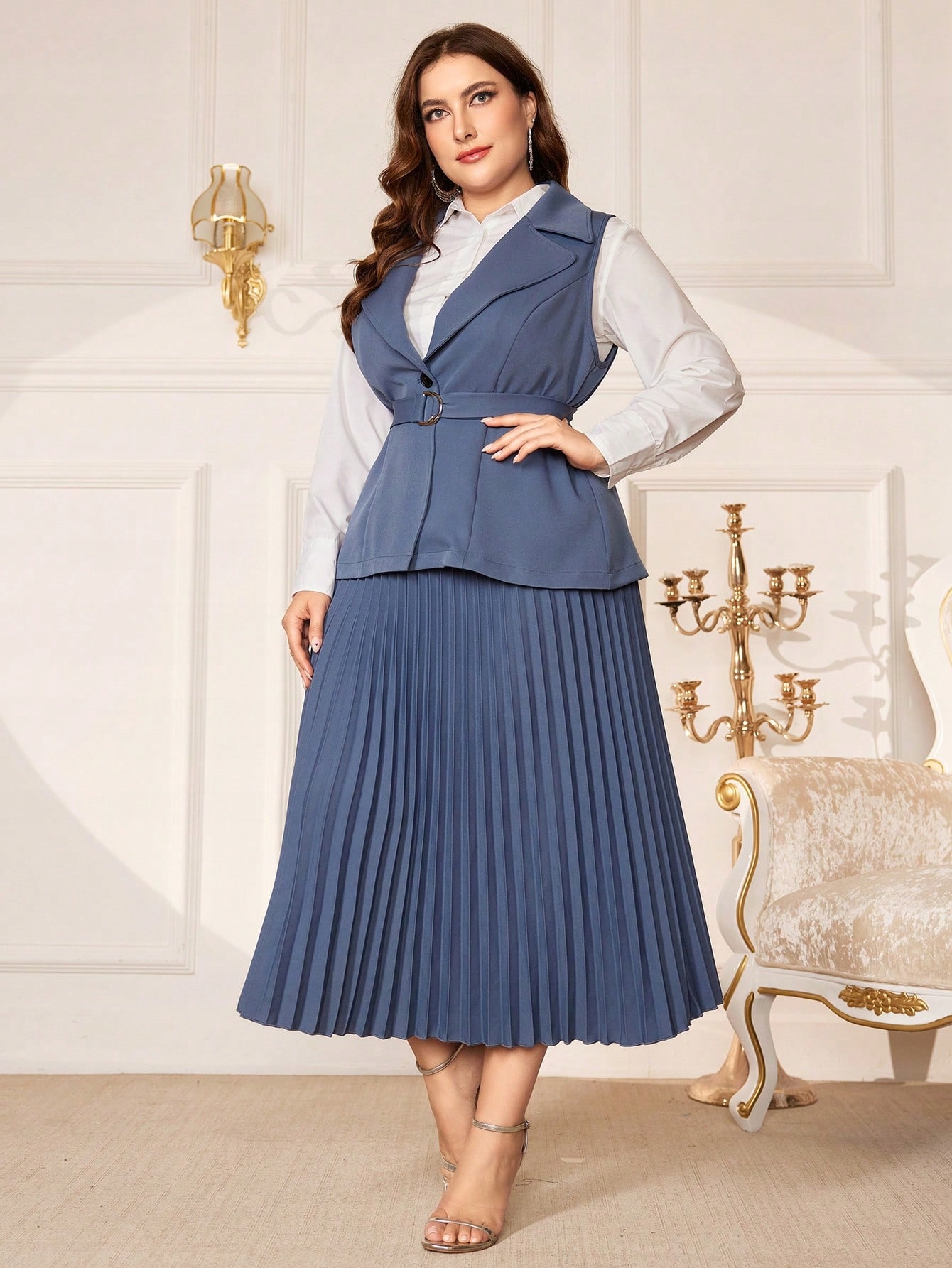 Dámský Elegantní Plisovaný Modrý Komplet S Večerním Páskem Shein 48