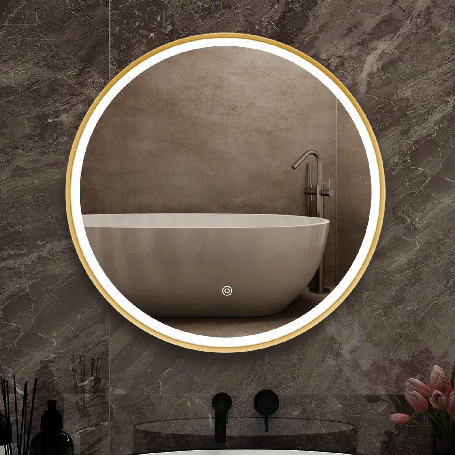 LUSTRO ŁAZIENKOWE ZŁOTA RAMA PODŚWIETLENIE LED OKRĄGŁE 70cm Szerokość 700 mm