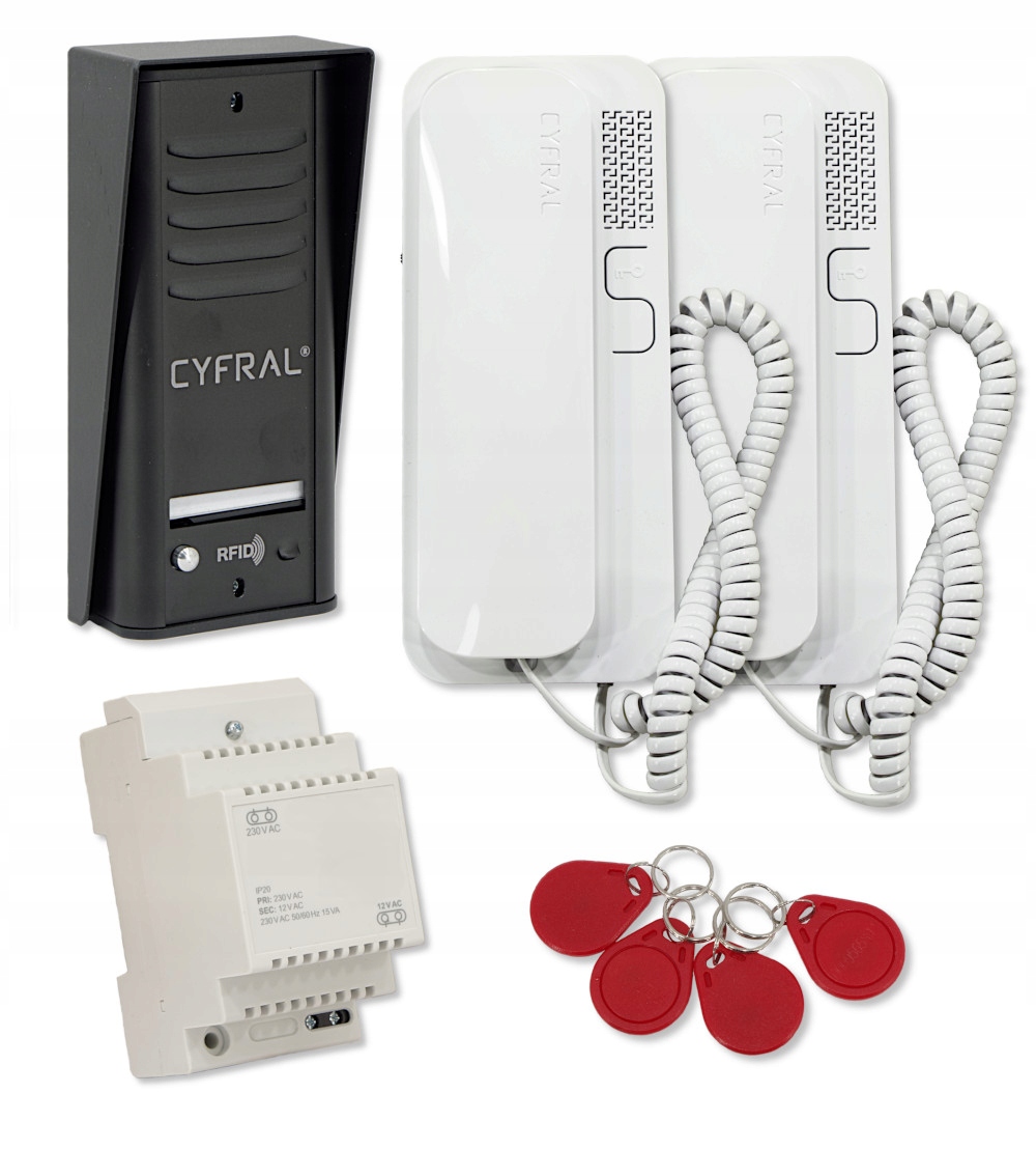 Domofon 1-rodzinny z dwoma słuchawkami Cyfral Cosmo breloki (białe unifony)