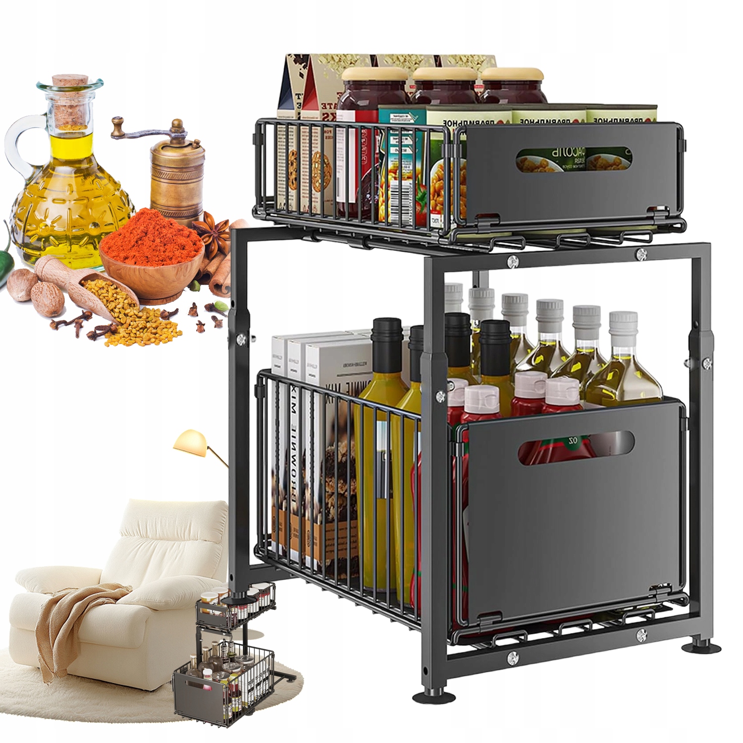 Výsuvný Kuchyňský Regál Se 2 Zásuvkami S Nastavitelnou Výškou Pro Skříňku Pod