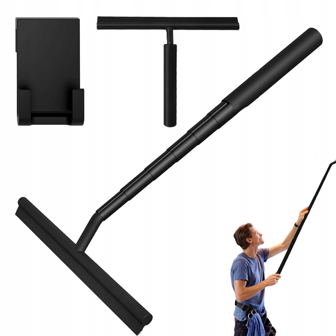 Levně Sprchová stěrka na okna s dlouhým držadlem, černá s háčkem