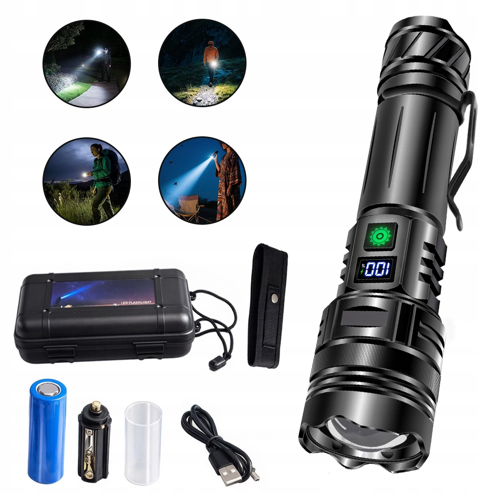Latarka Led 5000mah Akumulatorowa Mocna Szperacz Zoom Usb Wodoodporna