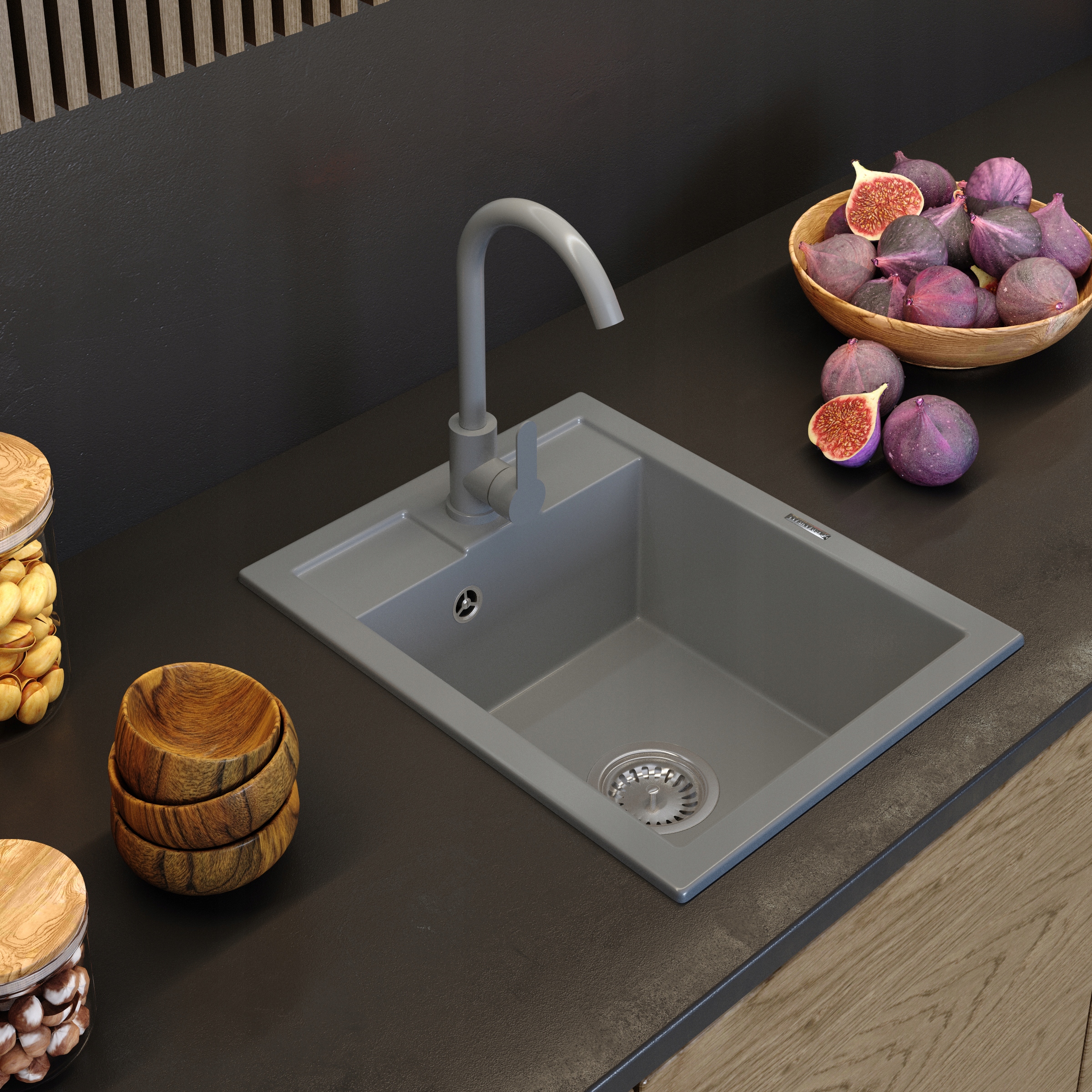 ZLEWOZMYWAK JEDNOKOMOROWY czarny granit BATERIA kuchenna STOJĄCA syfon BEST Marka Granitan