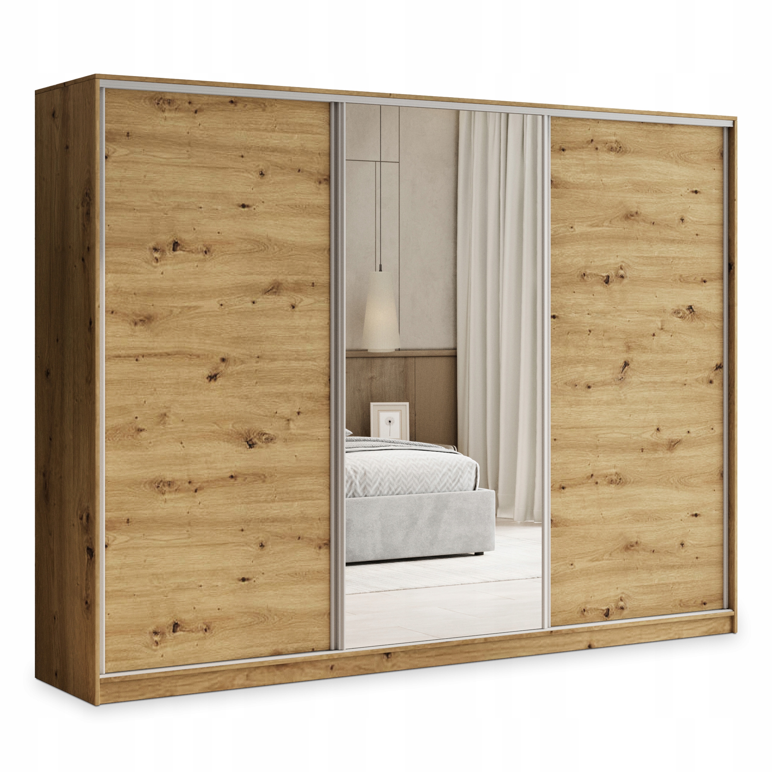 Skříň 270 cm se zásuvkami a zrcadlem, třídveřová, dub Artisan