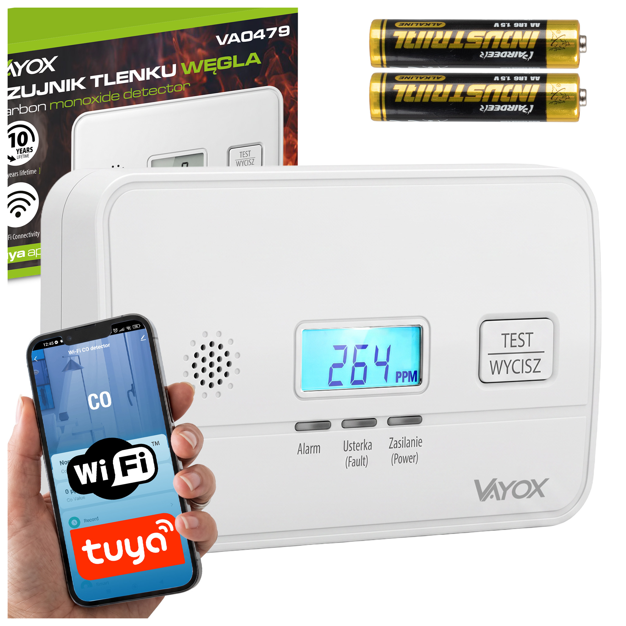Detektor Oxidu Uhelnatého Bezdrátový Čidlo 10 Let 85 dB WiFi Tuya Vayox