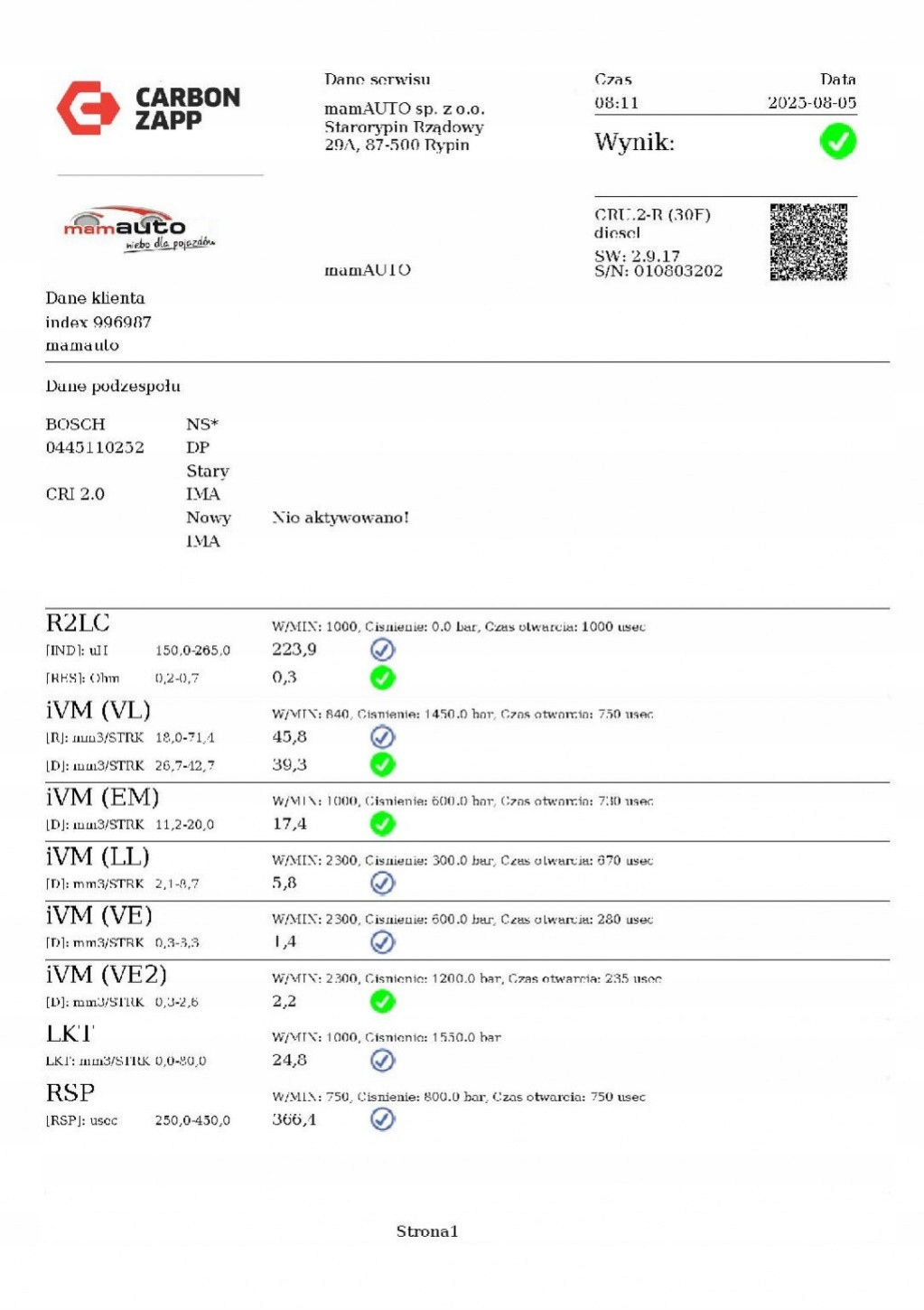nozzle injector test 0445110252 CITROEN NEMO 1 and 1.4 HDI 68 KM 08-15