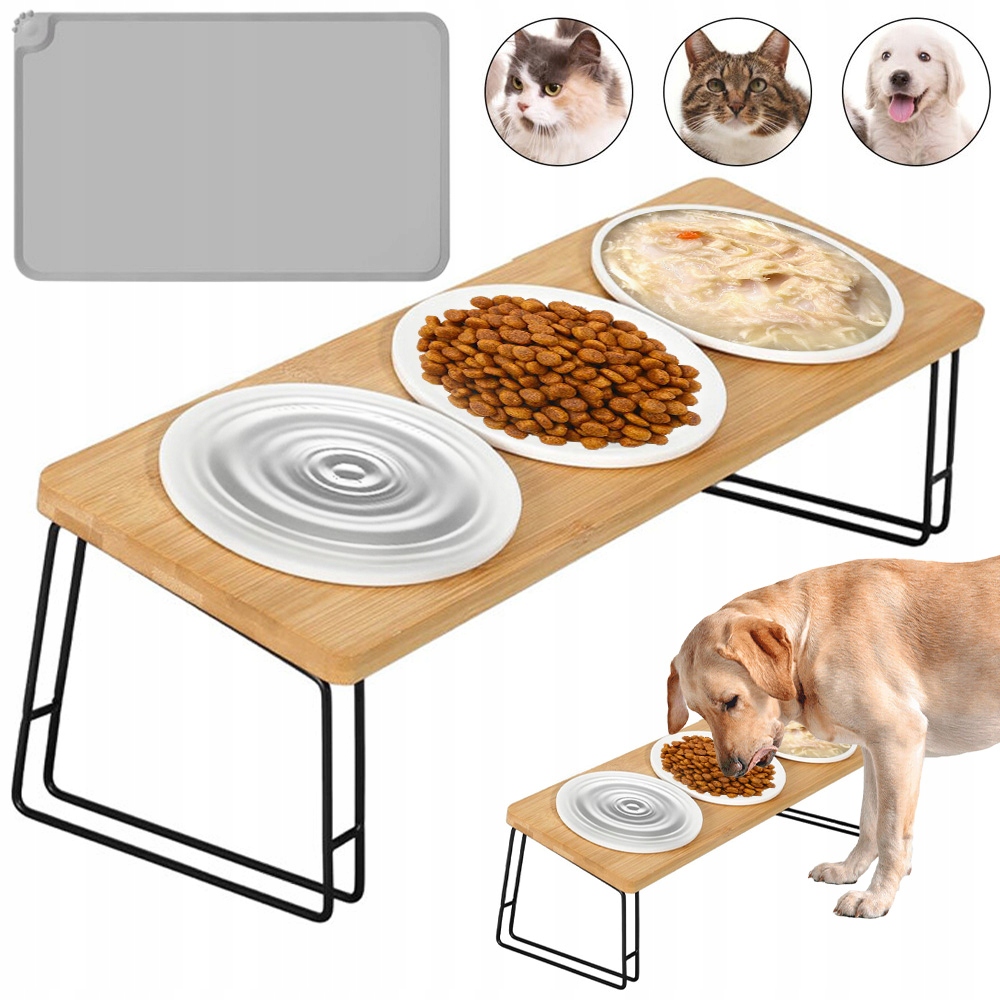Levně Sada Misek Pro Psa Kočku Keramika 3 Ks Bambusový Stojan Prostiskluzová Podložka